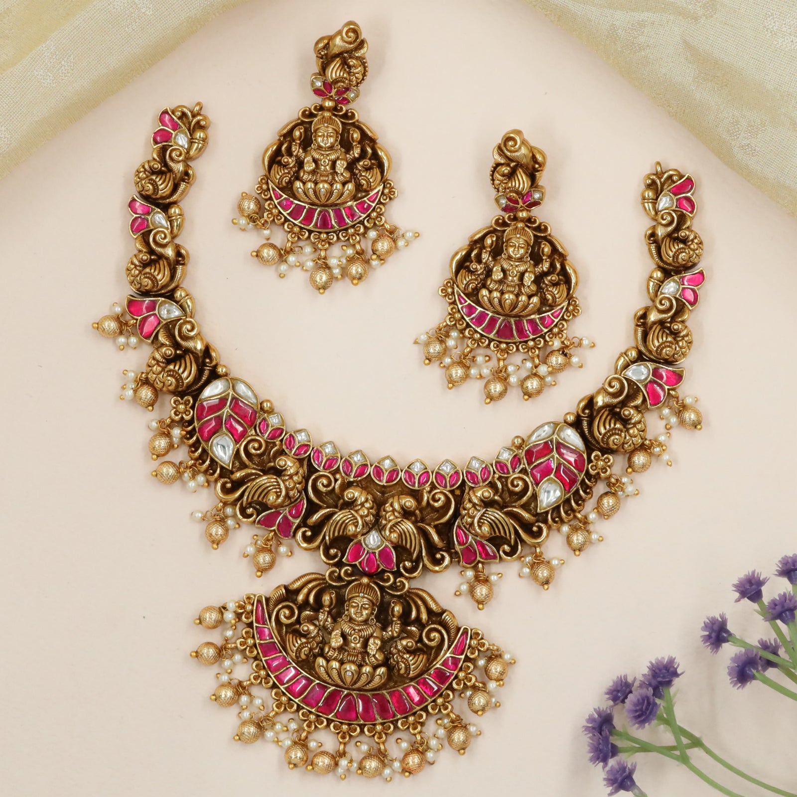 Lakshmi Motif Necklace with Curvilinear Panels and Inlaid Accents
