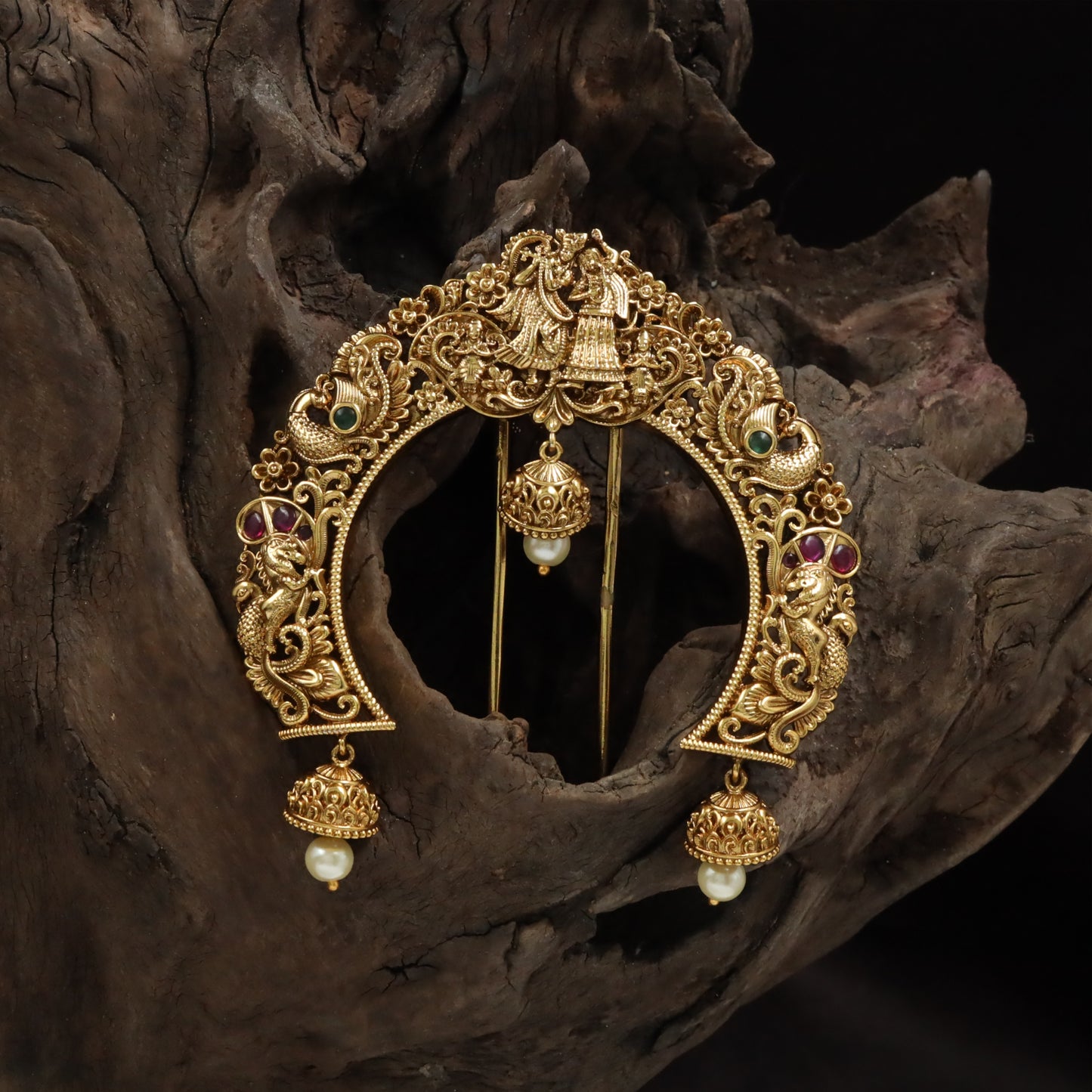Radha–Krishna Hair Arch with Peacock-Terminal Curves