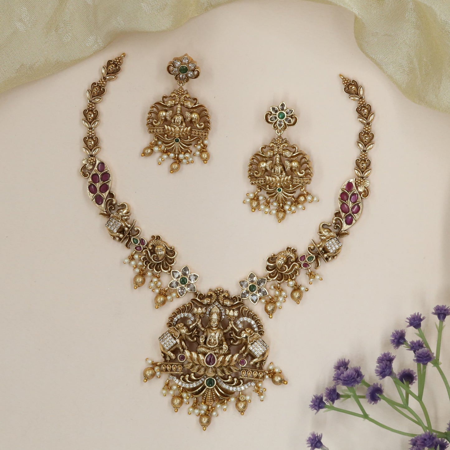 Gaja Lakshmi Shrine Necklace with Twin Elephant Flanks and Hanging Drops