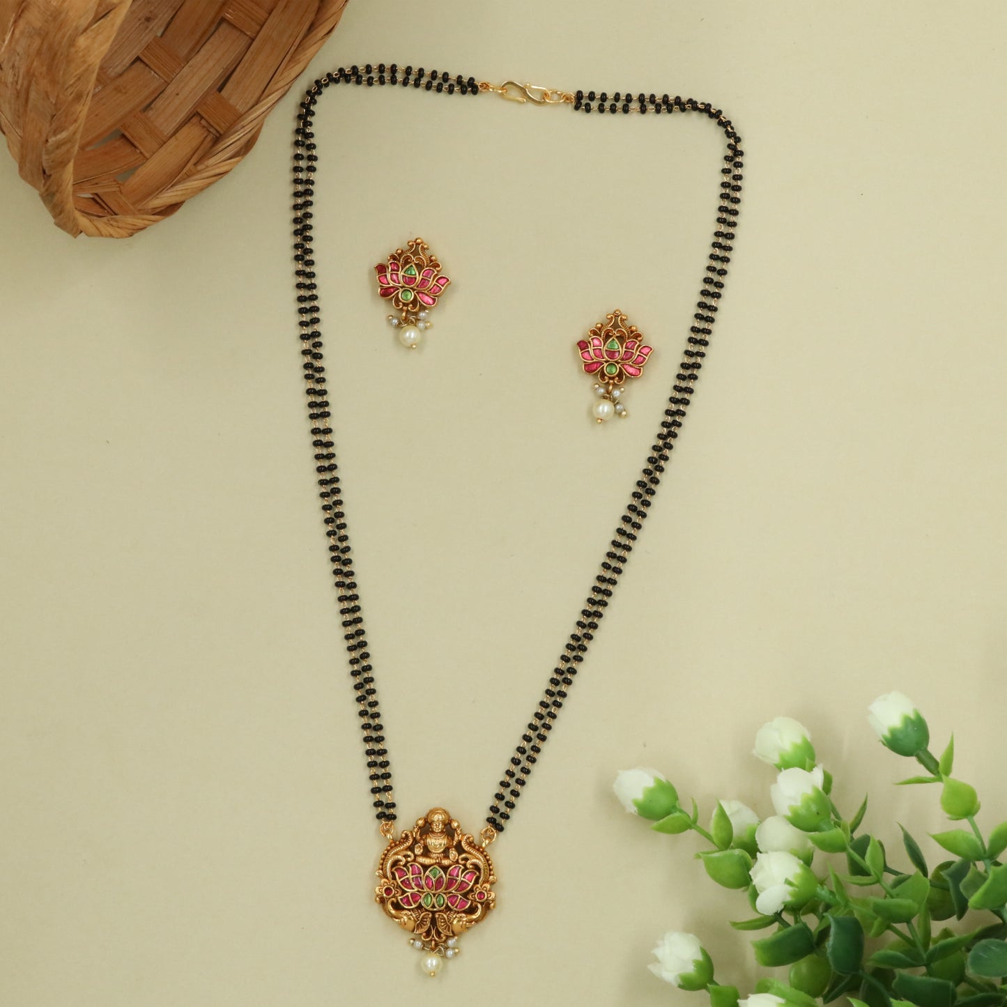 Lakshmi Crest Mangalsutra with Lotus Panel and Scroll Frame