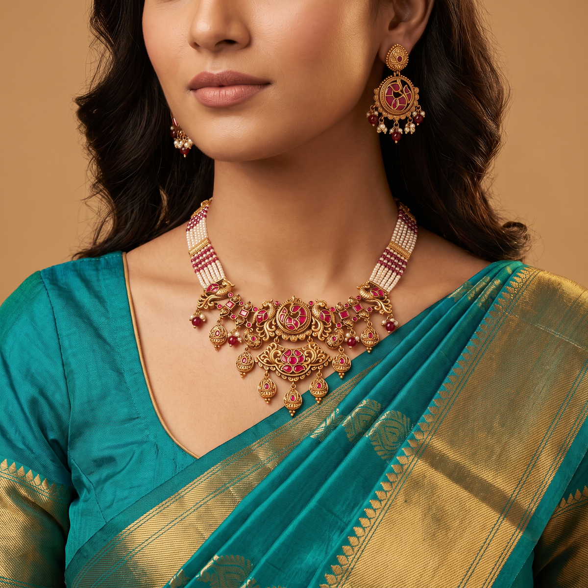 Decorative Peacock Necklace with Framed Circular Motifs and Hangings