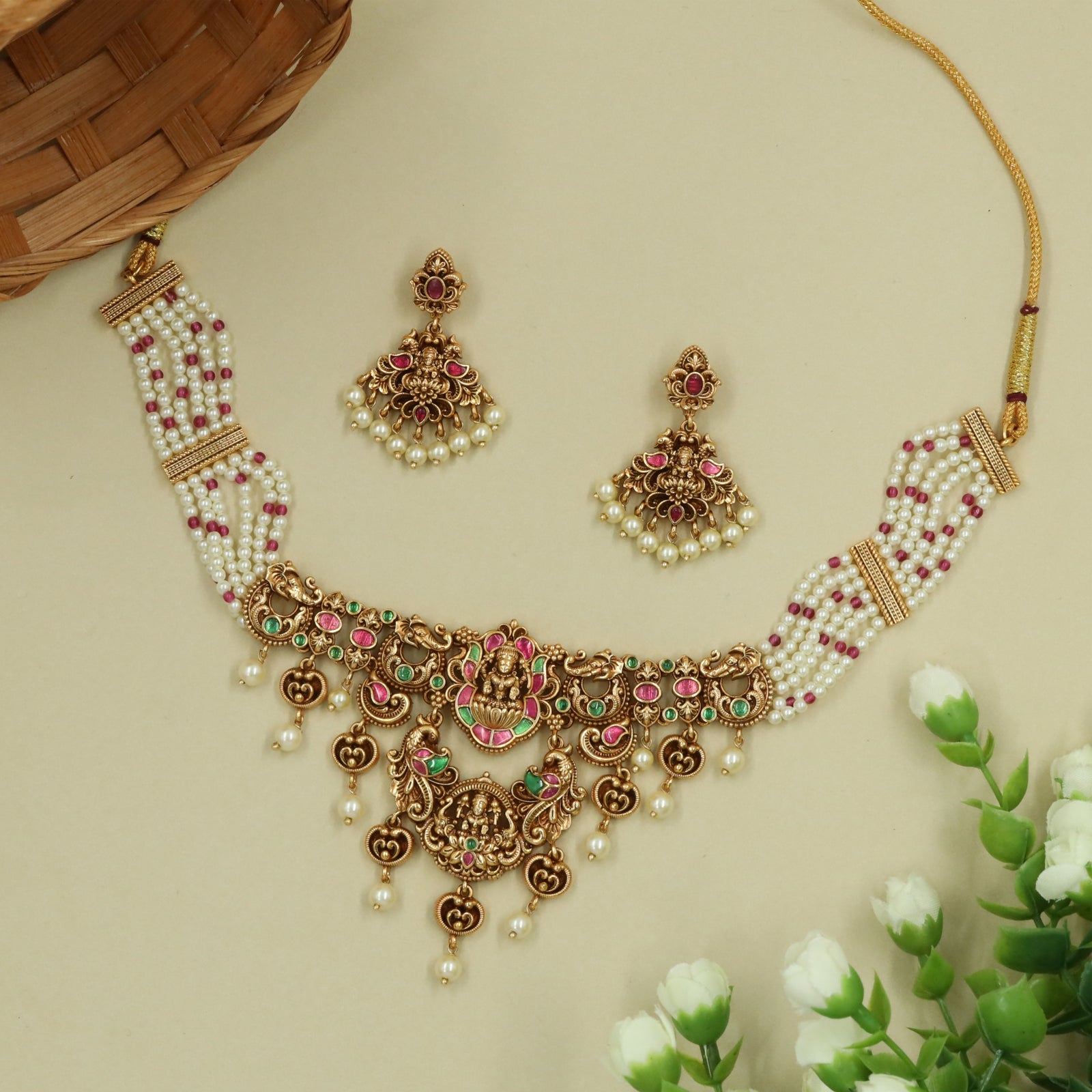 Antique Lakshmi Necklace with Elephant Flanks and Sculpted Hanging Elements