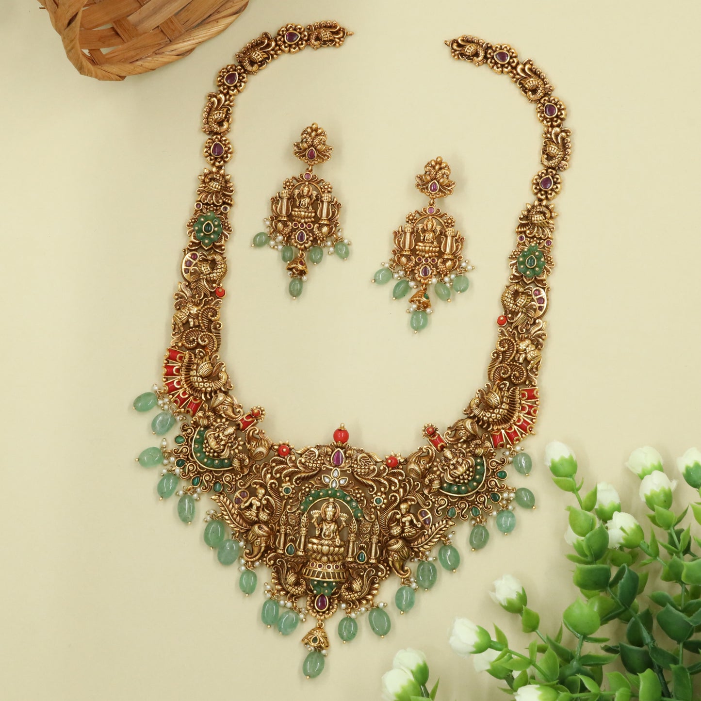 Traditional Long Haara with Lakshmi Sanctum Design and Layered Hanging Drops