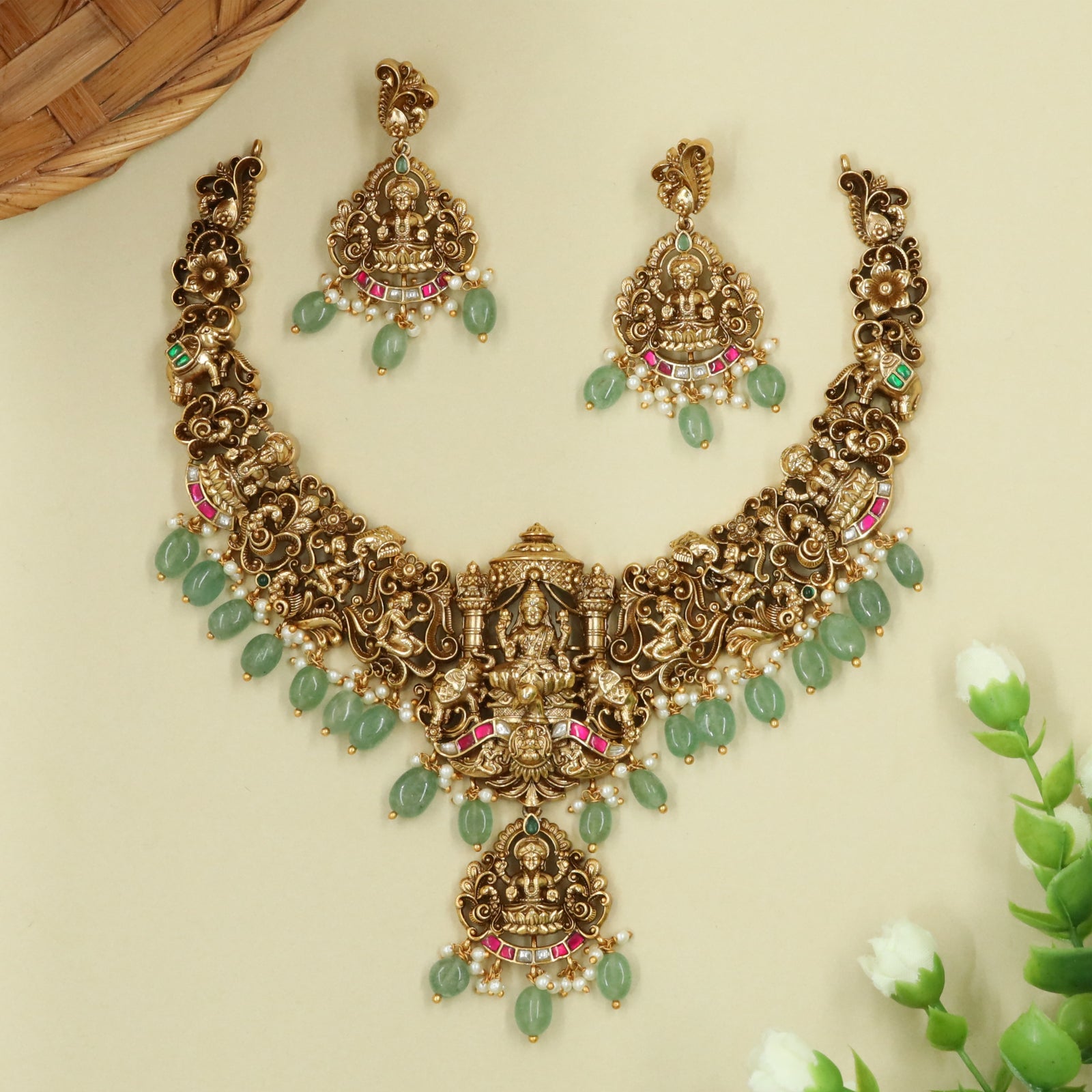 Sanctum-Arch Necklace with Seated Lakshmi, Elephant Guardians, and Drop Fringe