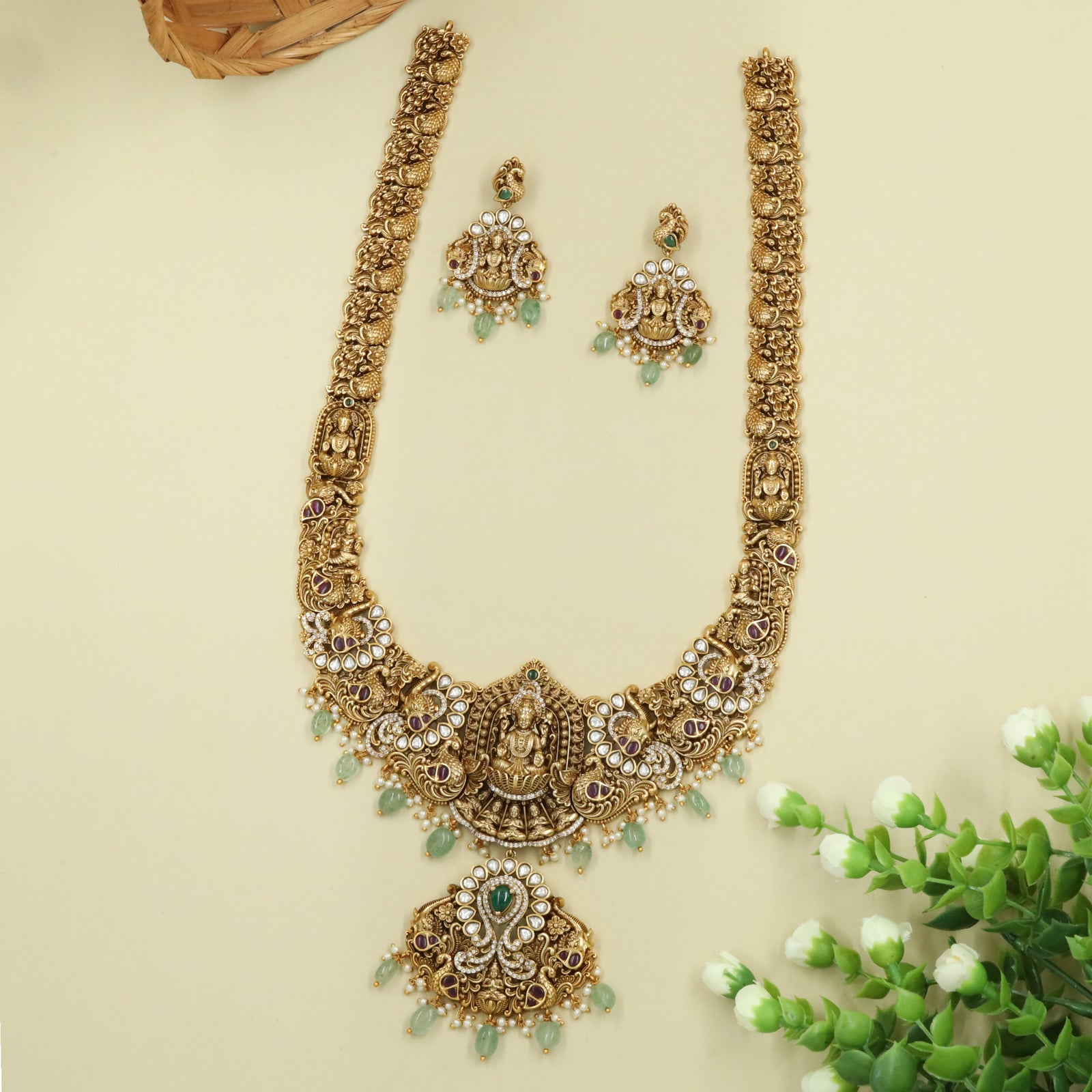Classic South Indian Long Haara Highlighting Lakshmi Form and Structured Pendant Flow