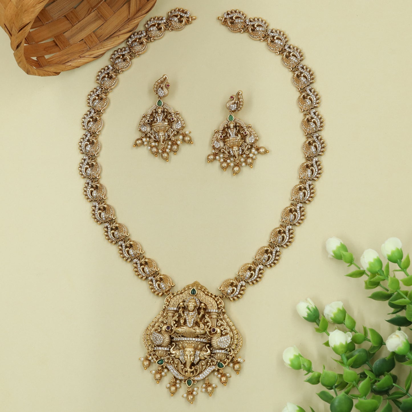 Grand Dual-Deity Long Haara with Lakshmi Crown Motif and Ganesha Base Panel with Peacock-Link Architecture