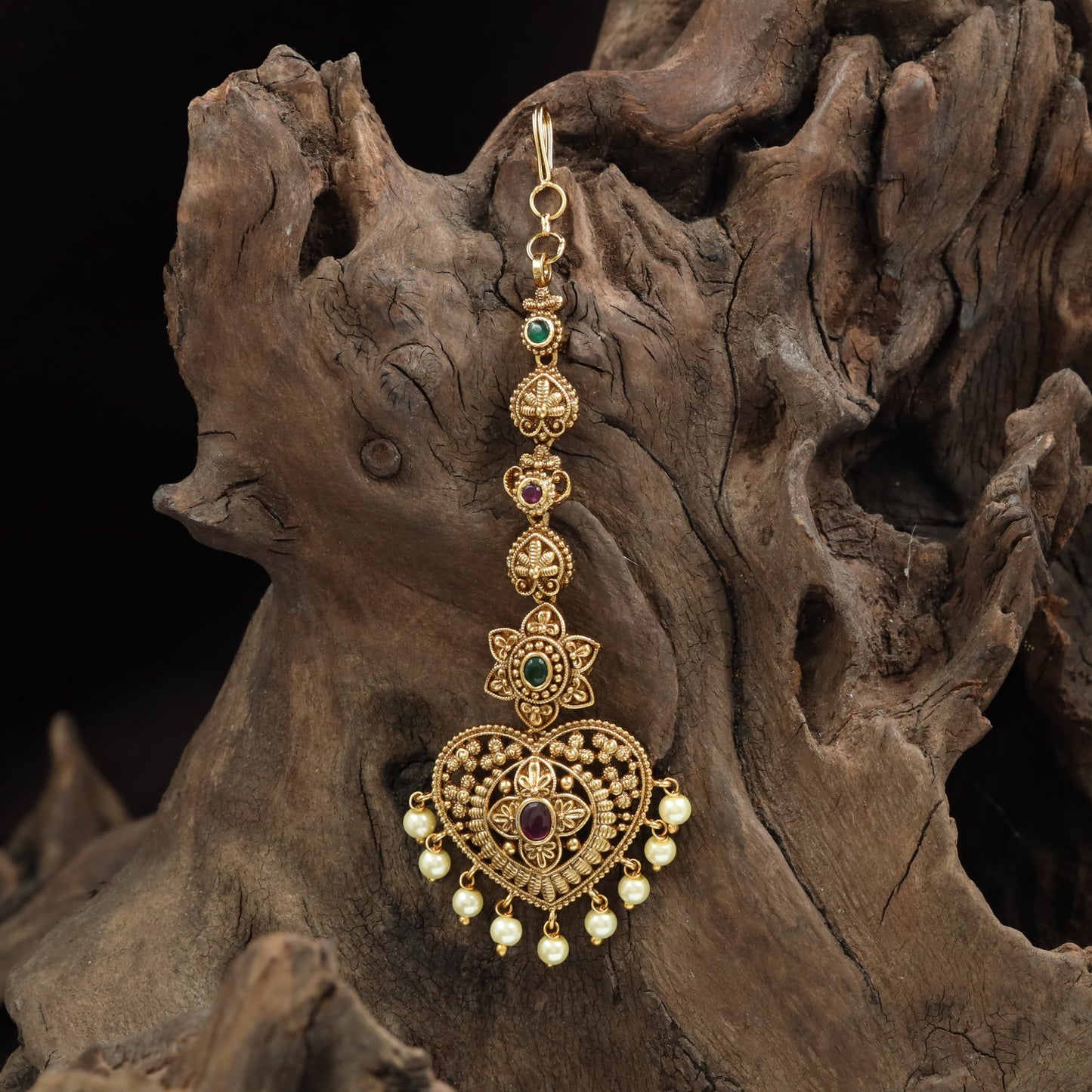 Classic Heart Tikka with Green and Red Stone Accents and Pearls