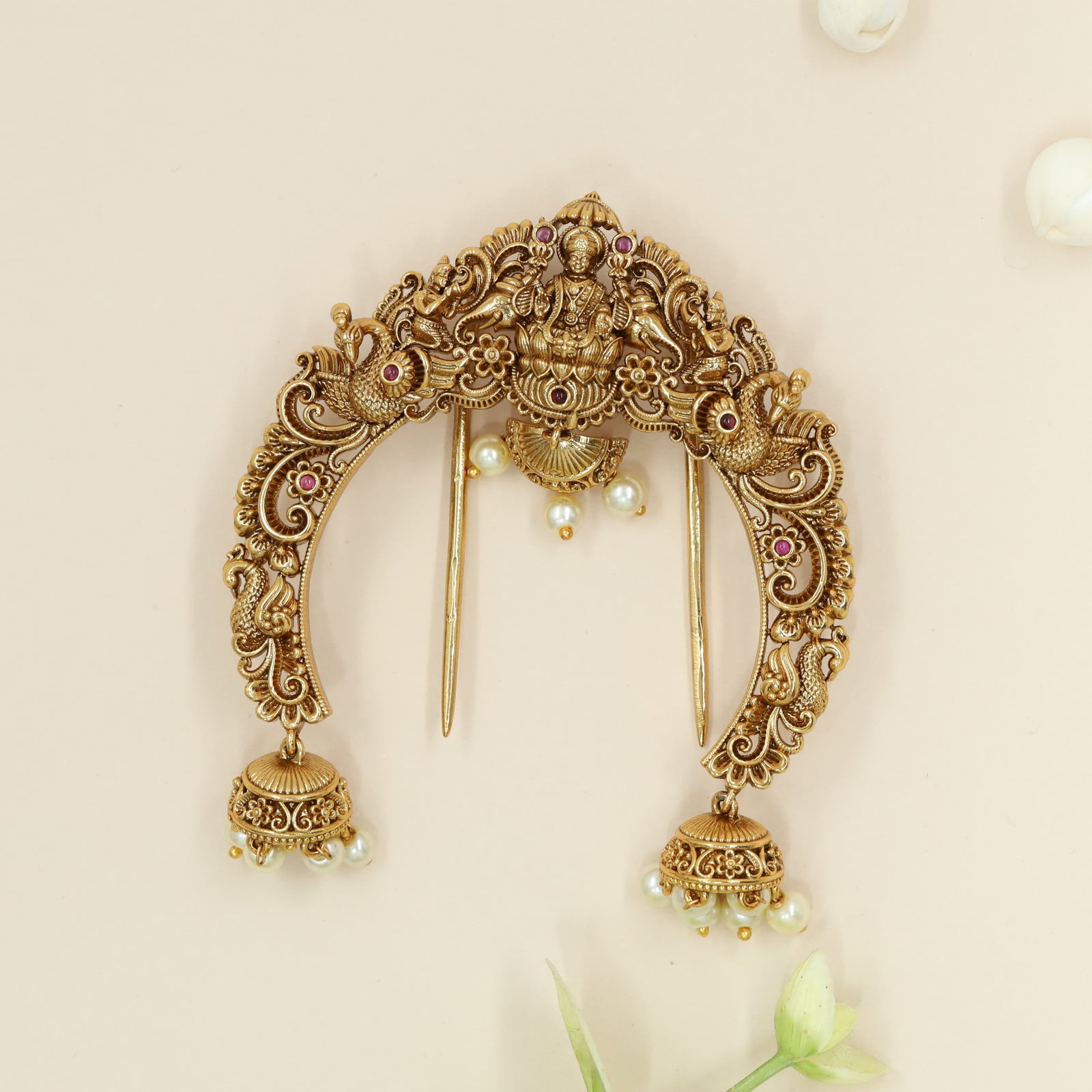 Antique Finish Goddess Arch With Twin Peacocks And Hanging Domes