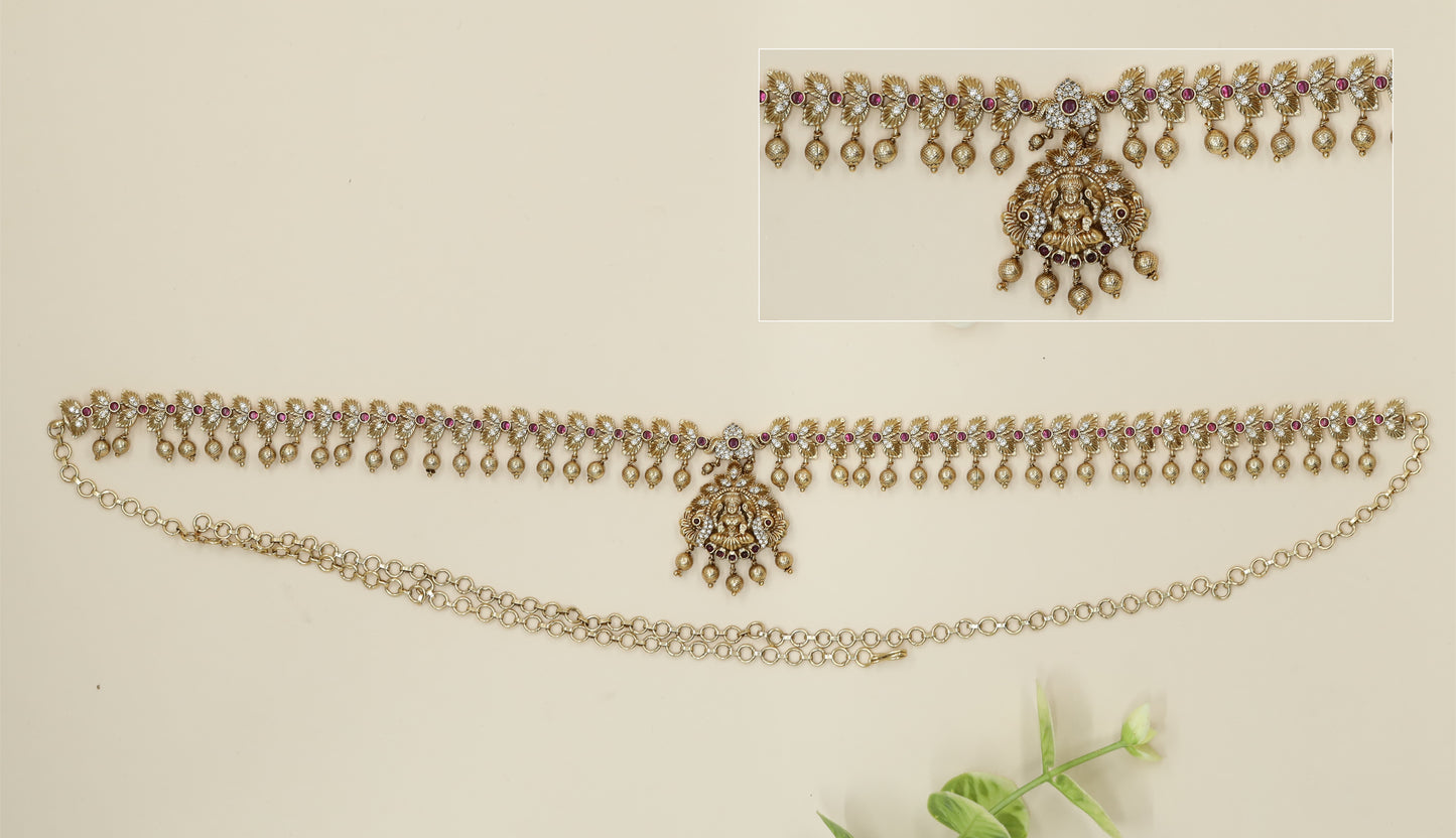 Lakshmi Pendant Waist Belt with Leaf Panel Chain and Dome Drops
