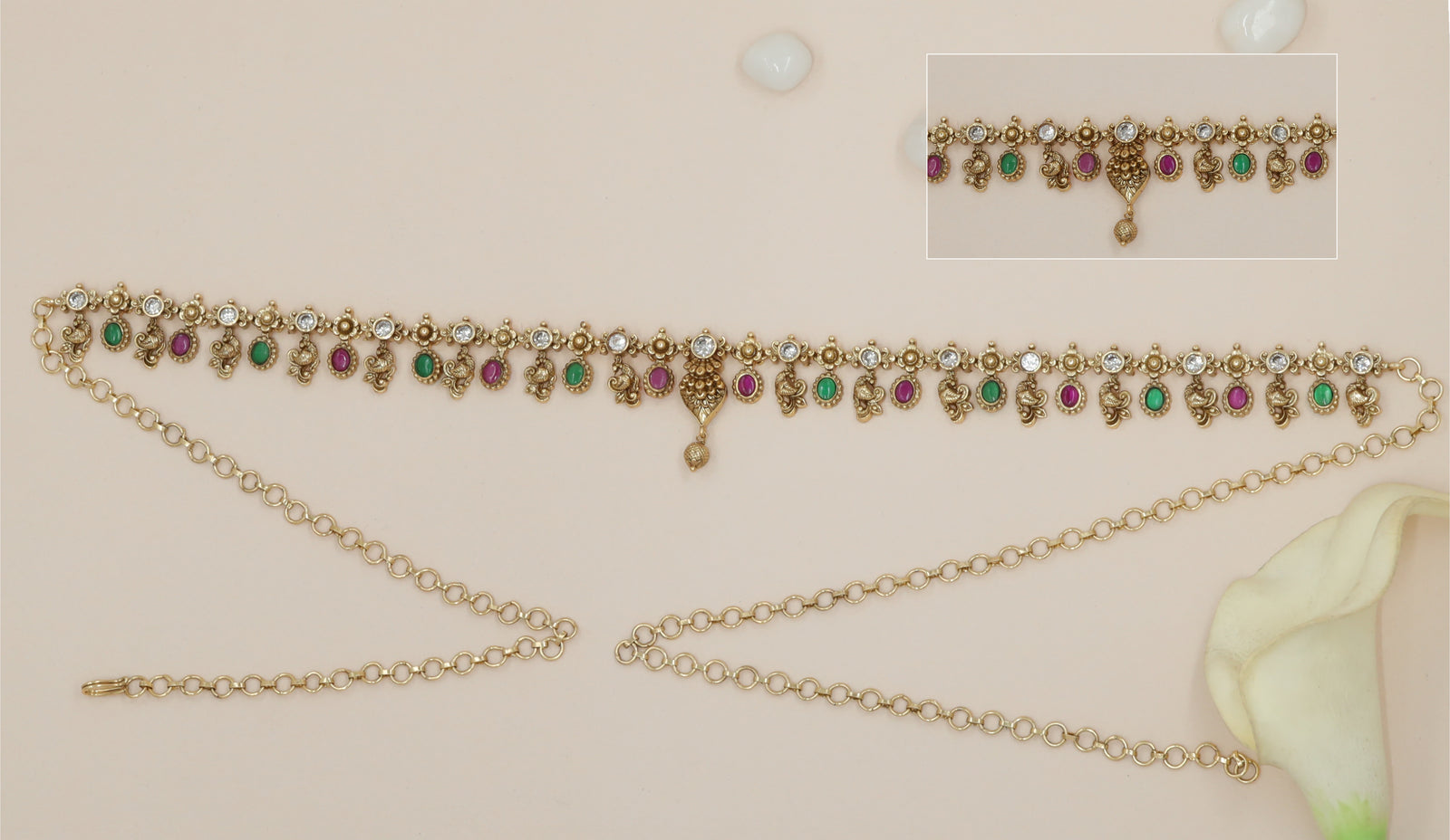 Peacock Link Waist Belt with Alternating Oval Stone Drops and Central Pendant