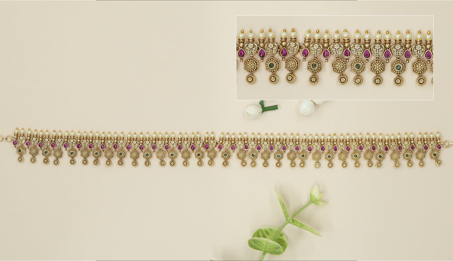 Floral Shield Link Waist Belt with Hexagonal Drop Panels
