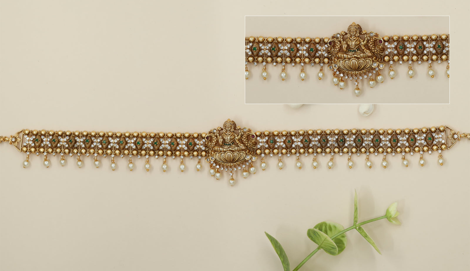 Grand Temple Waist Belt with Lotus-Seated Lakshmi and Floral Connectors and Drop Pearls