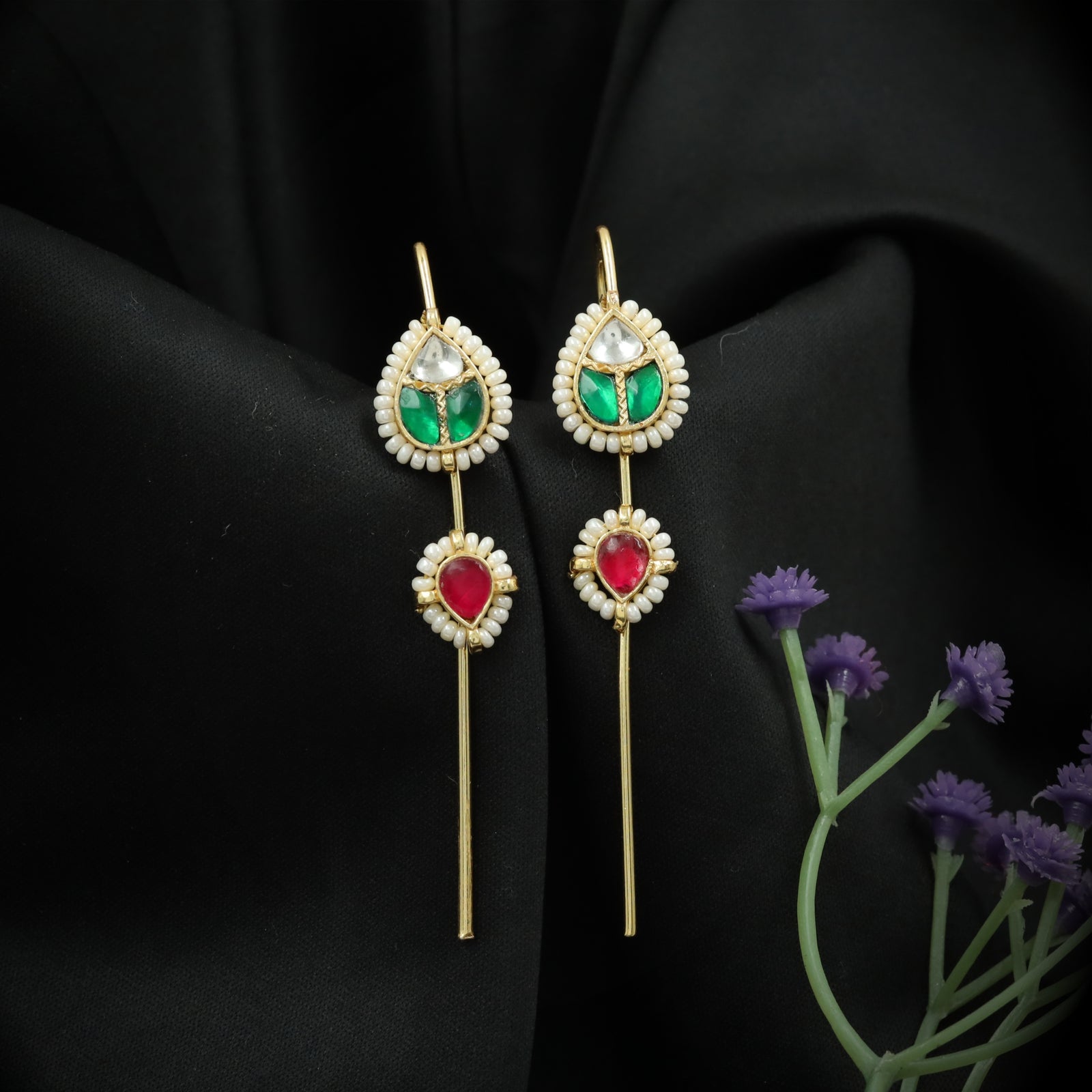 Teardrop Crest Jadau Needle Ear Cuff with Pearl Halo and Twin Stone Base