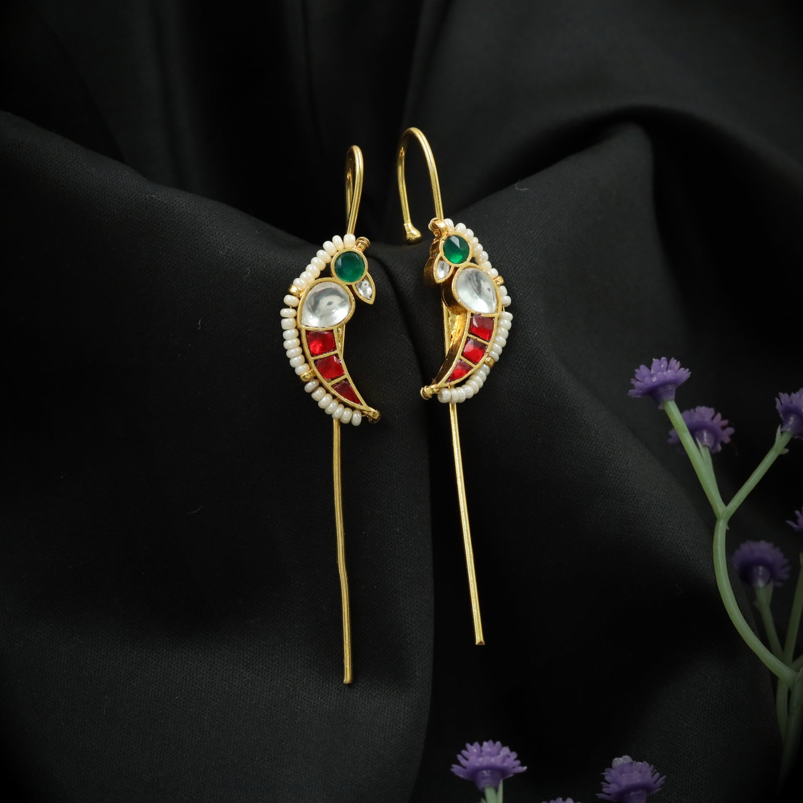 Arched Avian Parrot Jadau Needle Ear Cuff with Framed Gem Inlay