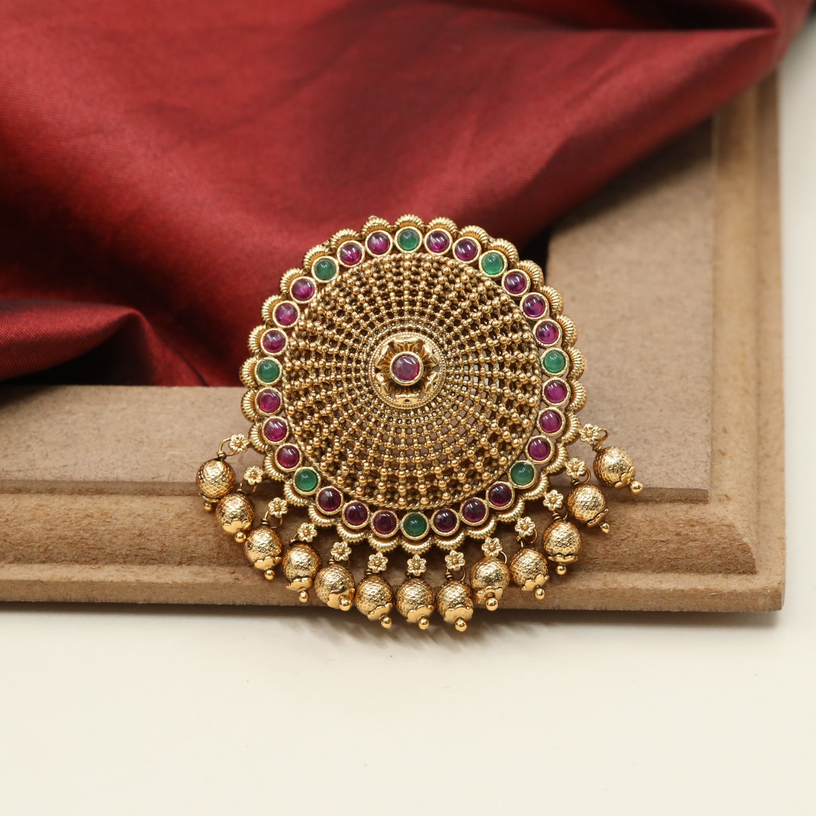 Temple Disc Jade Bille with Concentric Bead Work and Stone Rim