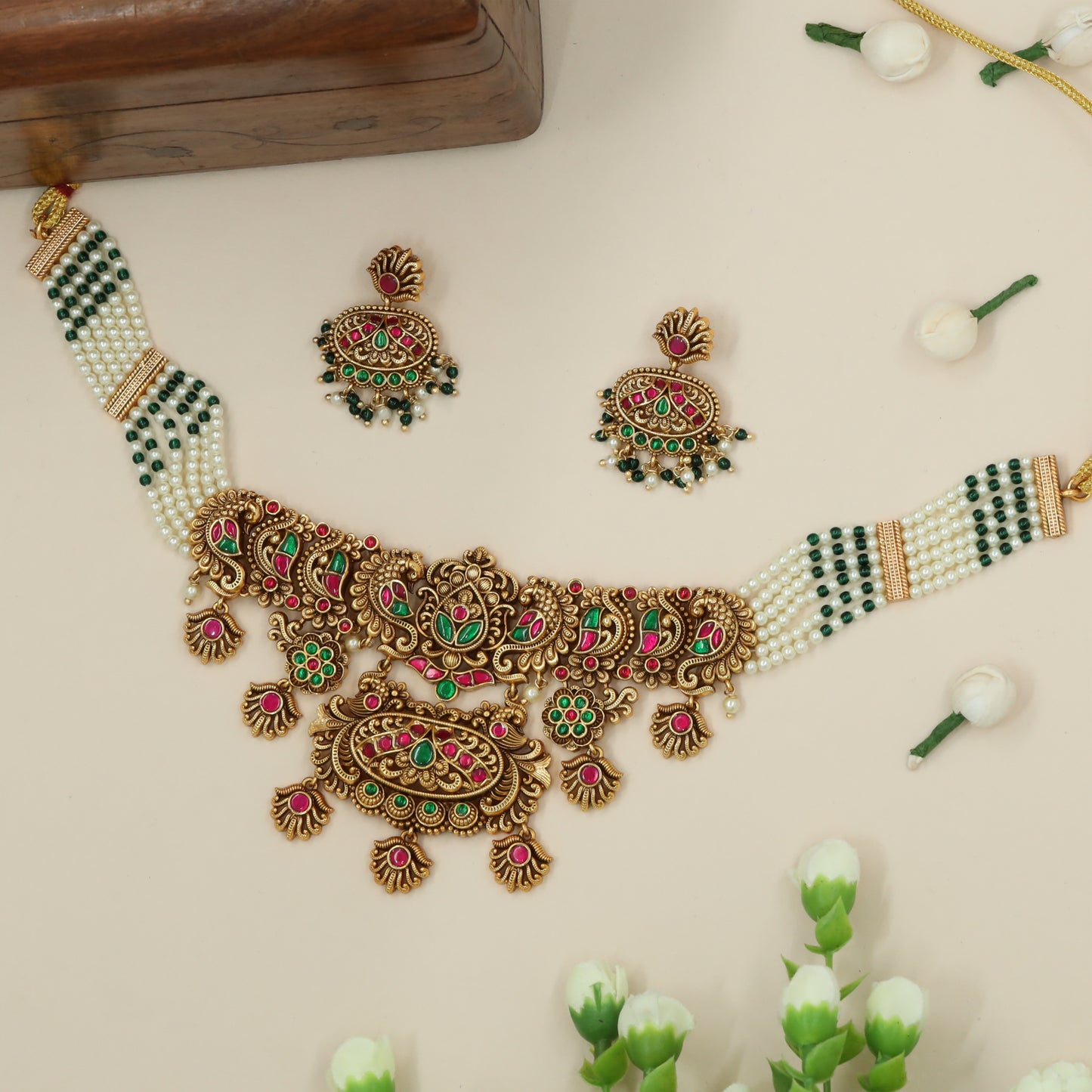 Grand Peacock Scrollwork Necklace with Oval Statement Pendant and Ornamental Hangings