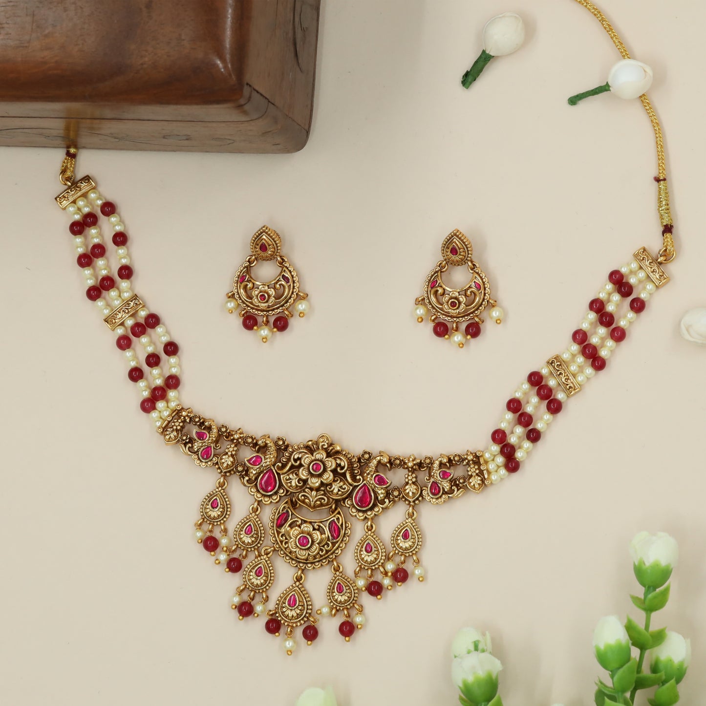 Floral Crest Drop Necklace With Teardrop Dangling Panels