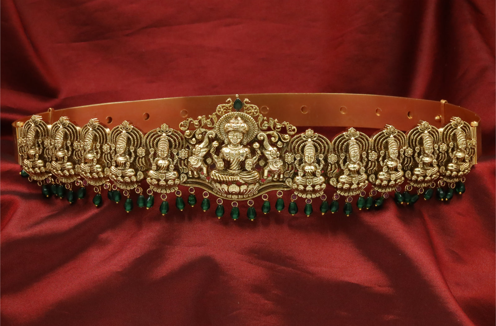 Ashta Lakshmi Inspired Relief Waist Dabu with Emerald Drop Fringe