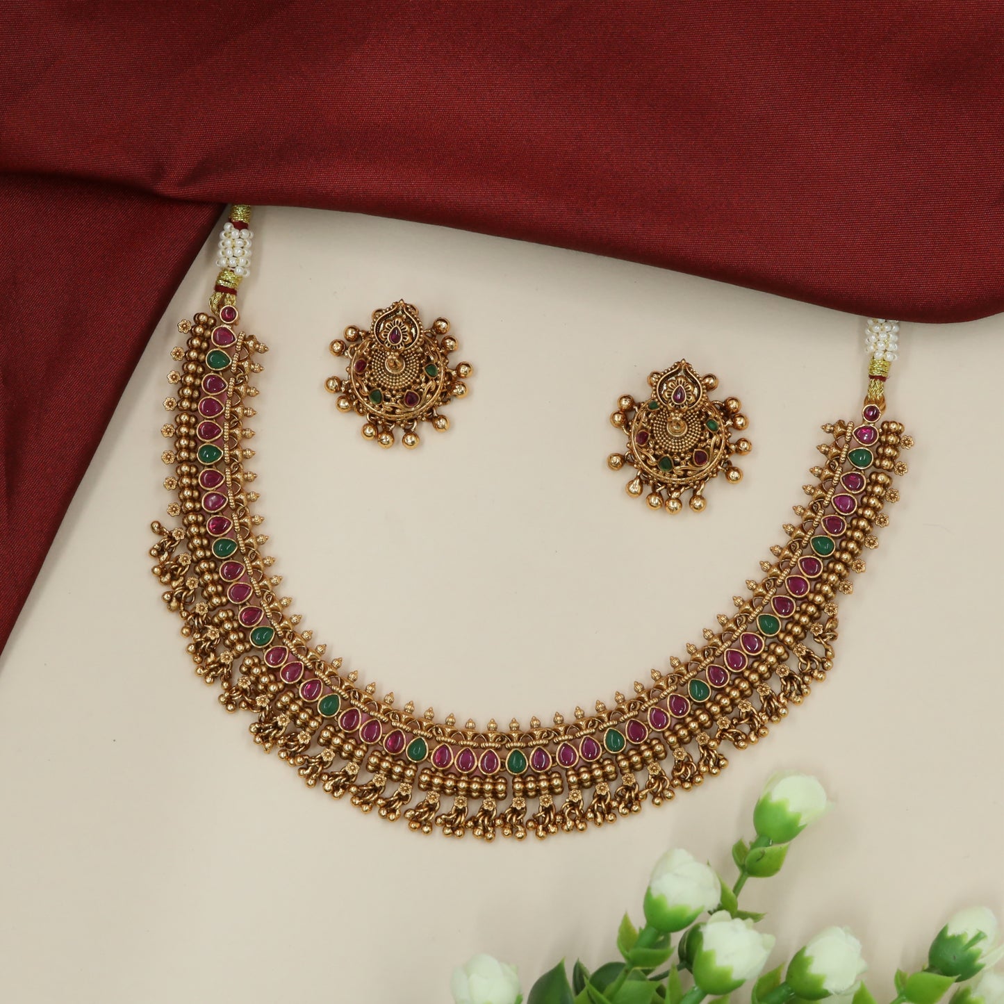 Decorative Teardrop Panel Necklace with Dense Granule Work