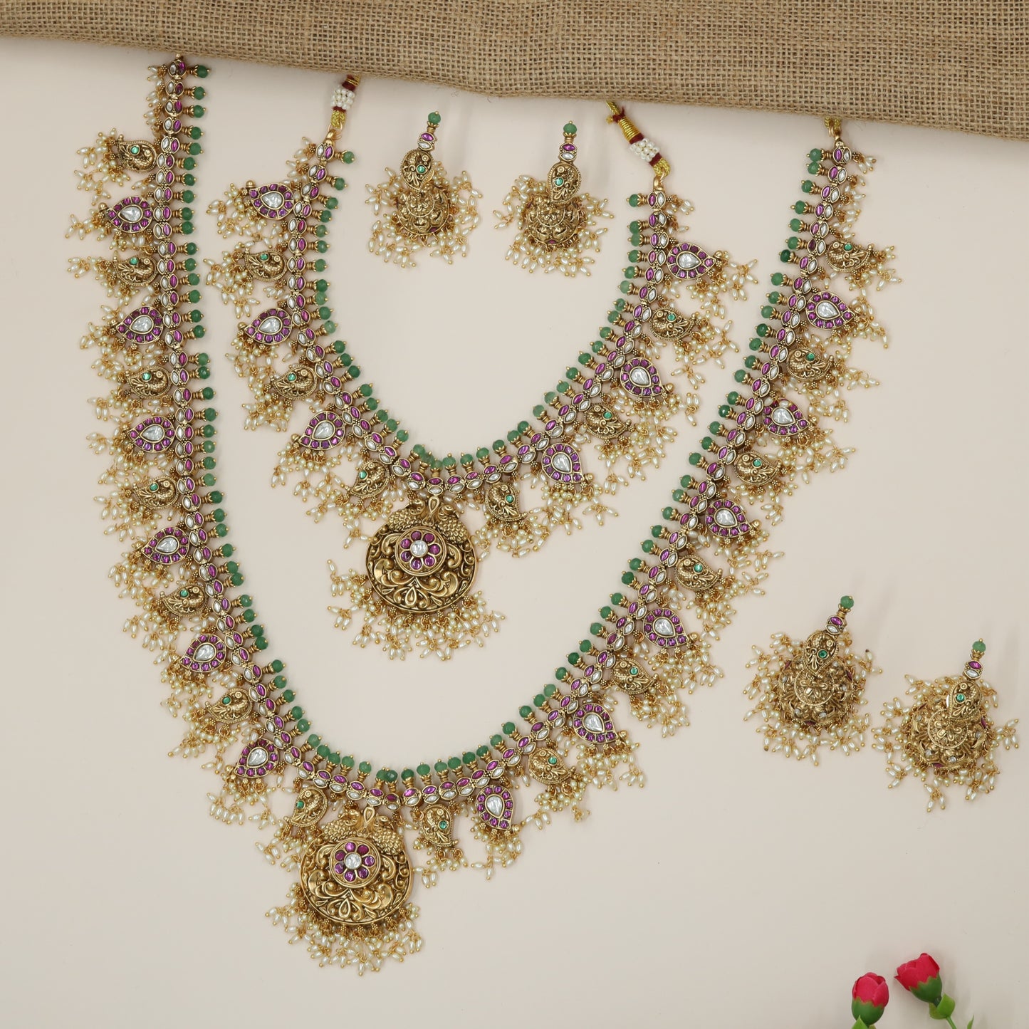 Antique Peacock Paisley Necklace and Long Haara Duo with Circular Rosette Pendants