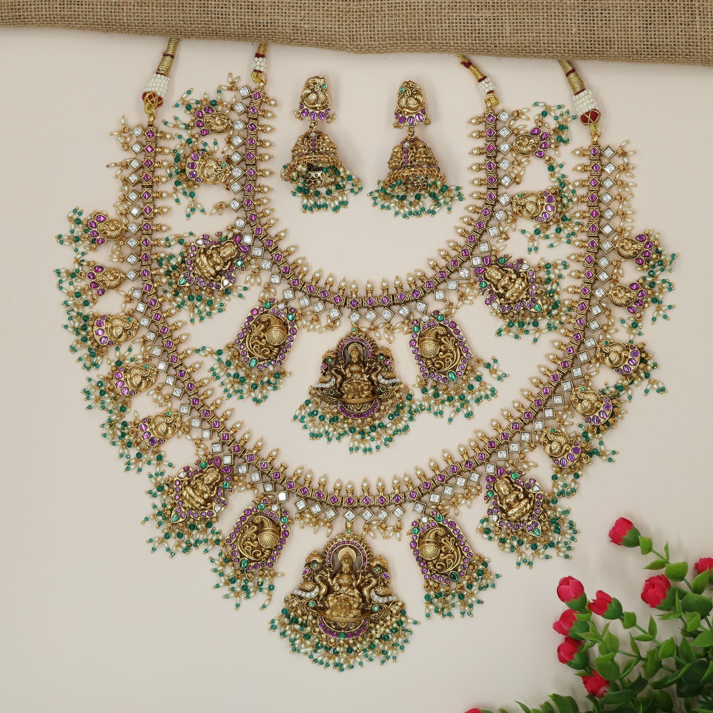 Diamond Grid Lakshmi Pendant Necklace with Coordinated Extended Haara Combo Set