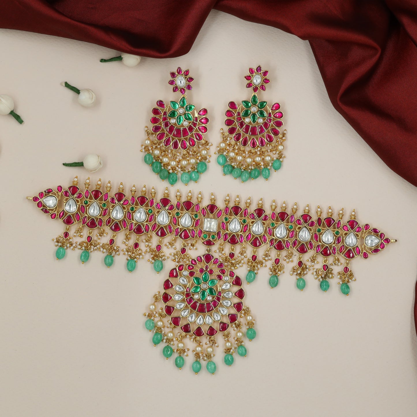 Grand Motif Choker with Rosette Pendant and Drop Chains