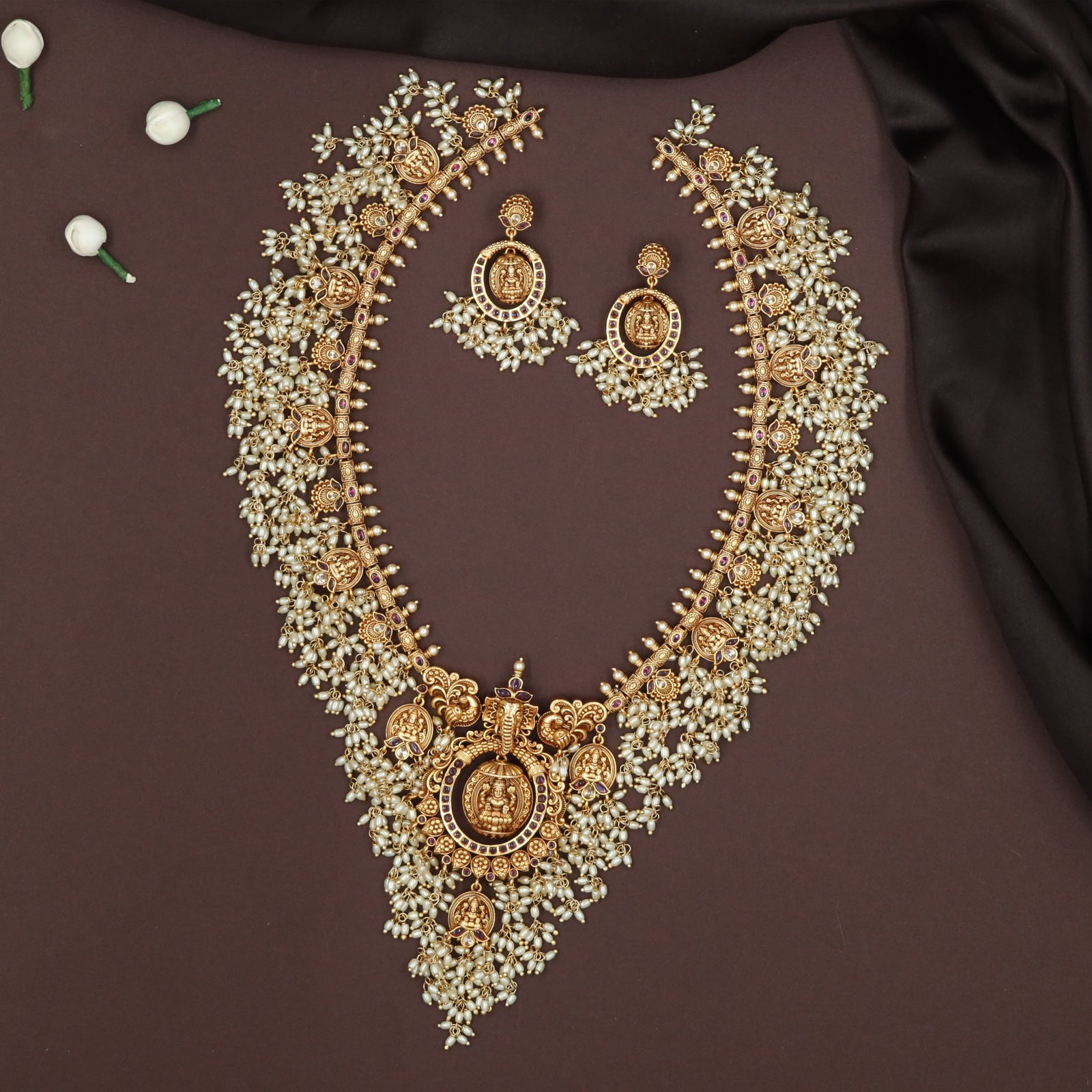 Divine Ganesha Crest Lakshmi Goddess Pendant With Pearl Veil Long Haara