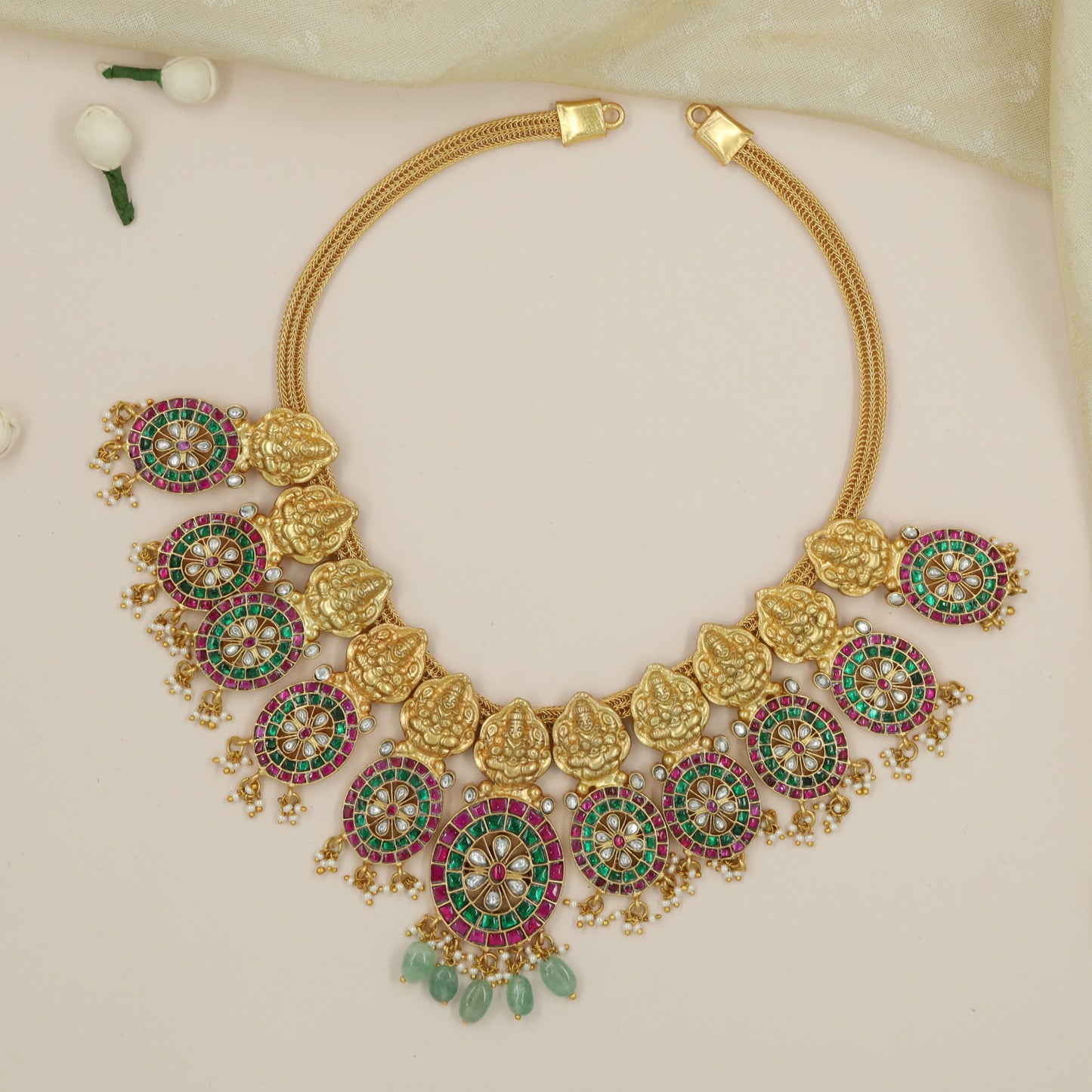 Lakshmi Bust Panel Necklace with Radial Stone Medallion Drops