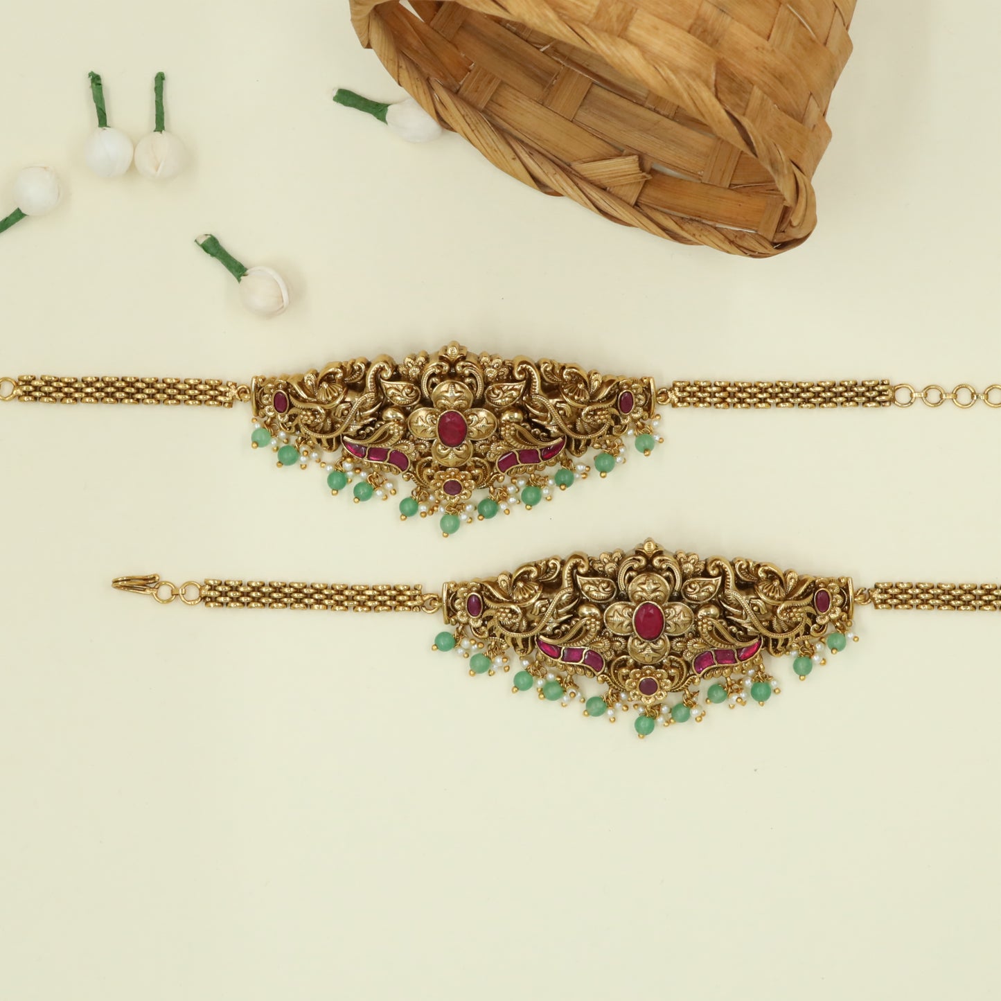 Antique Finish Floral Panel Baju Bandi with Balanced Elepahnt Design and Stone Setting