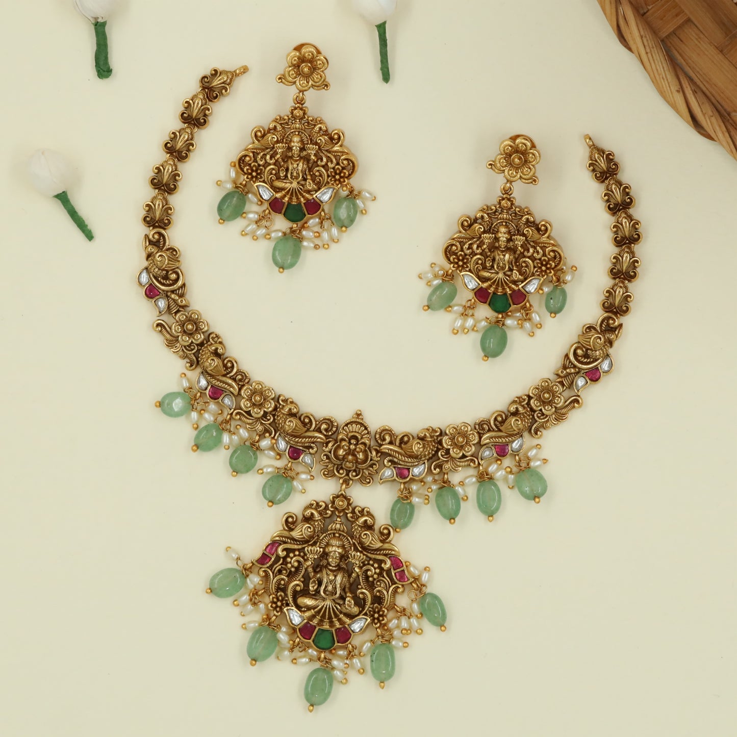 Temple Crest Lakshmi Necklace with Twin Parrot Guardians and Green Bead Fringe