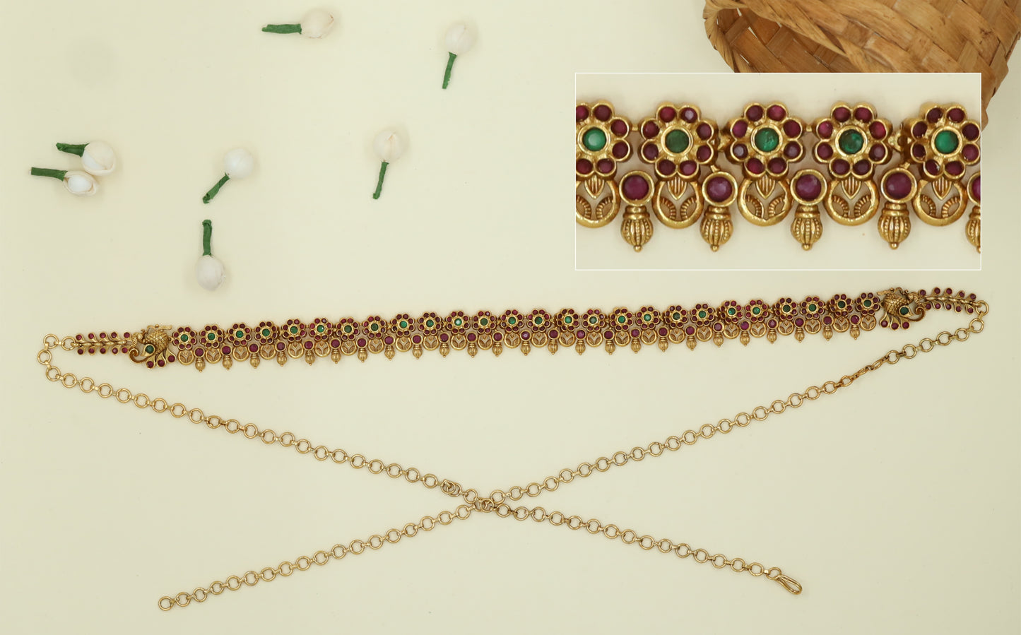 Floral Disc Waist Belt with Peacock Clasp and Leaf Extension