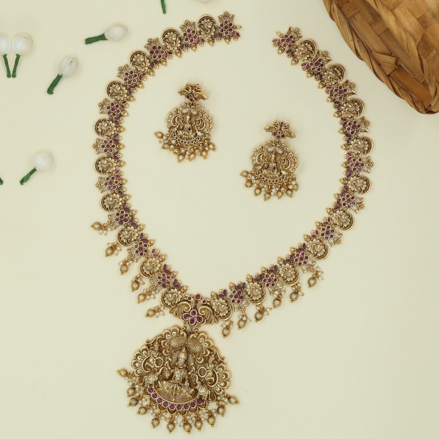 Lakshmi Medallion Long Haara with Twin Elephant Guardians and Peacock Canopy