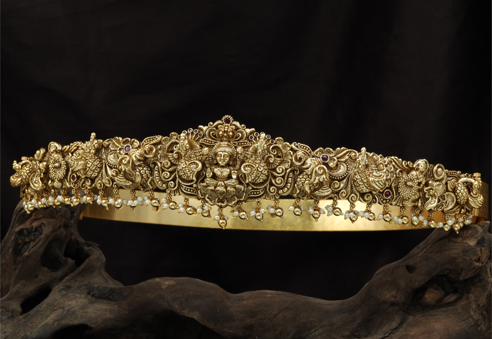 Majestic Lakshmi Dabu with Twin Peacock Flanks and Pearl Fringe