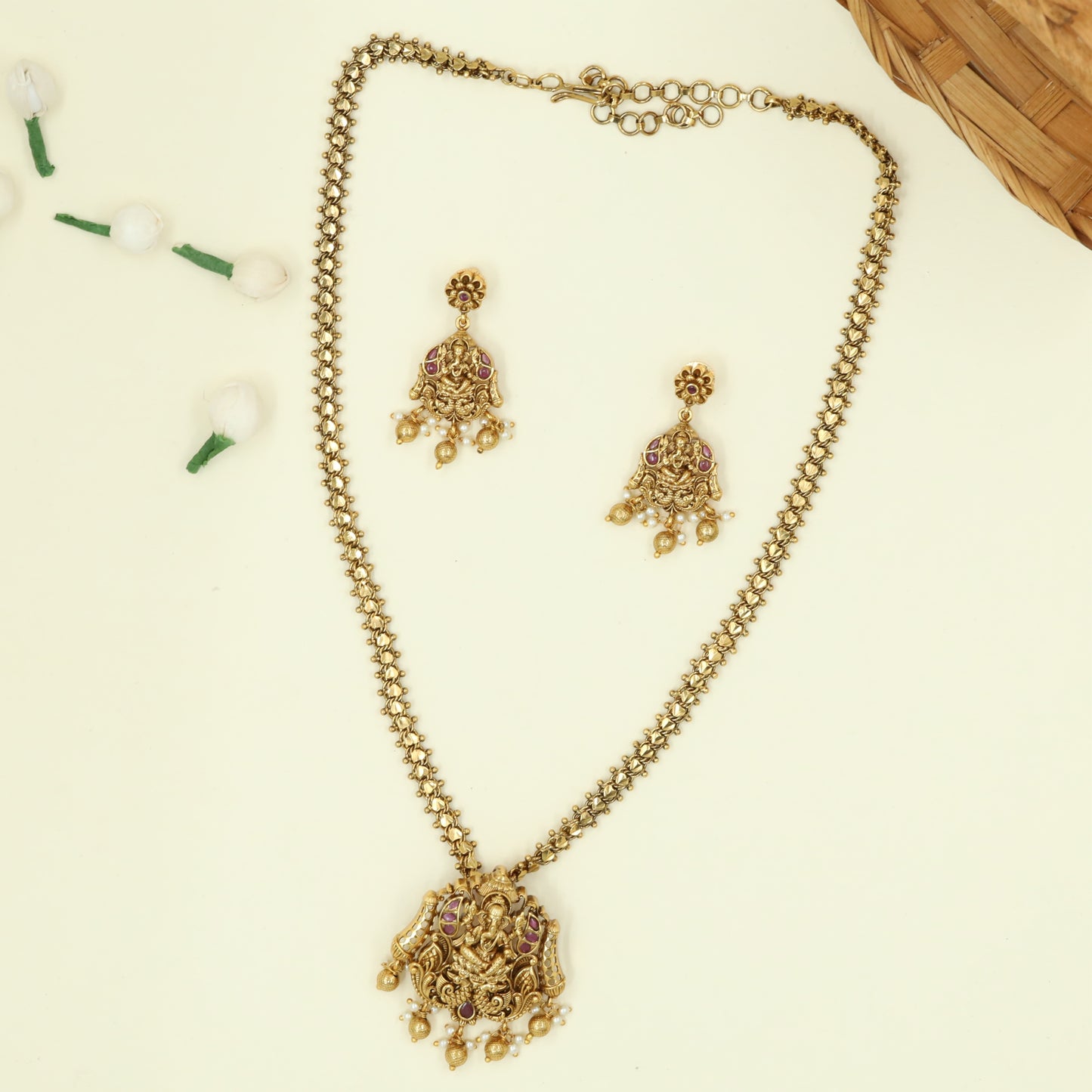 Classic Devotional Pendant Chain with Raised Ganesha Figure and Sphere Fringe