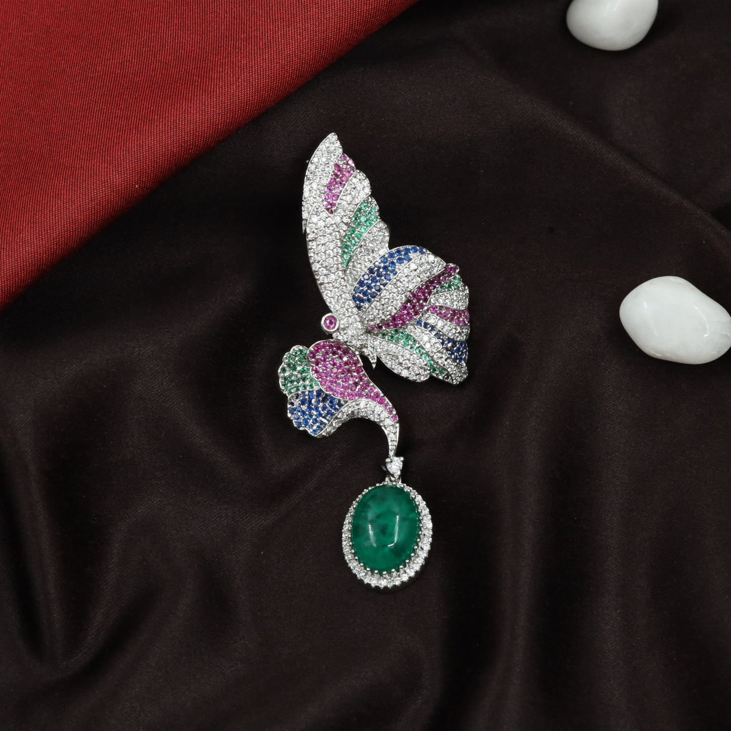 Butterfly Form Rhodium Necklace with Striped Stone Detailing