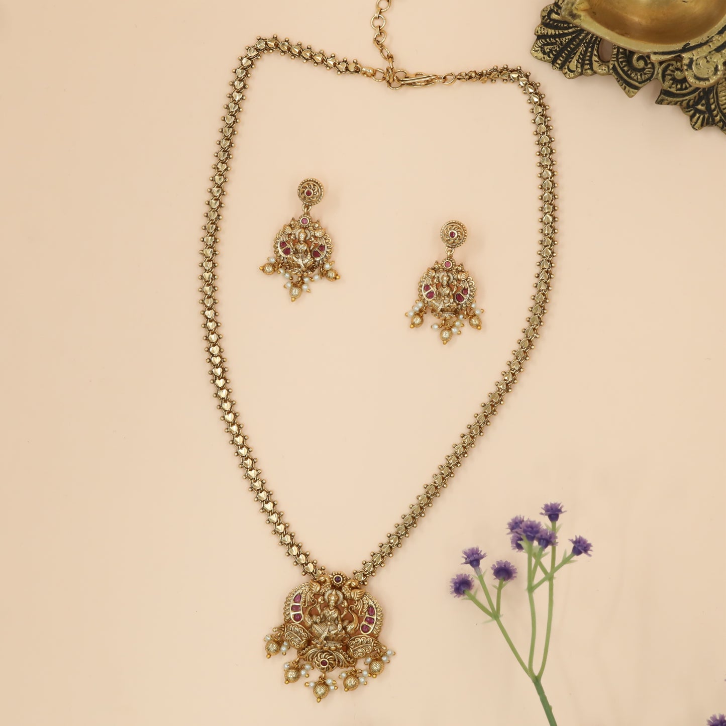 Sacred Lakshmi Lotus Pendant Chain with Twin Swan Arches