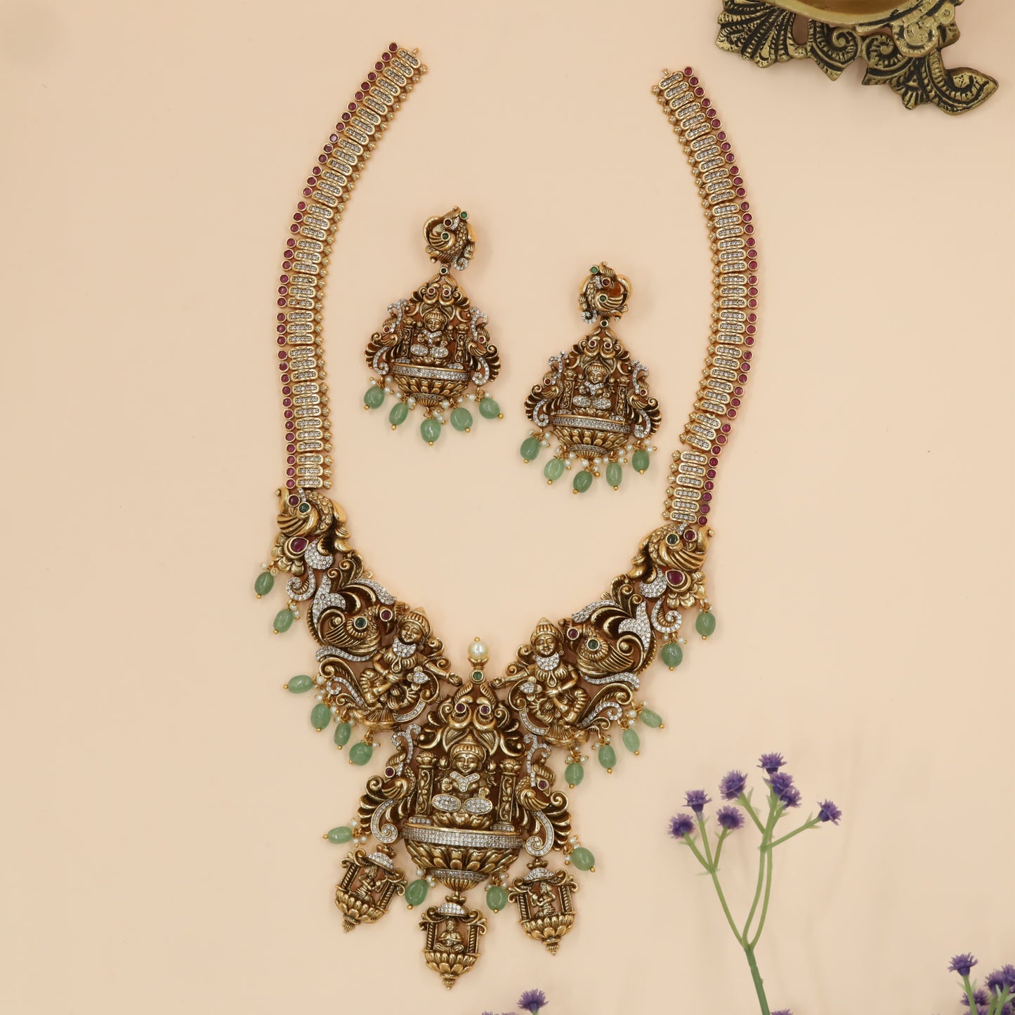 Grand Throne Lakshmi Long Haara with Twin Dancer Panels and Jade Drops