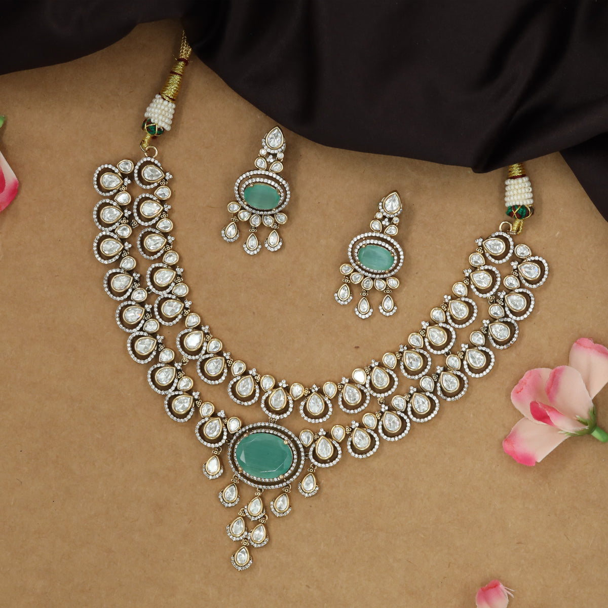 Artisan arc victorian necklace with emerald panel and cascading fringe
