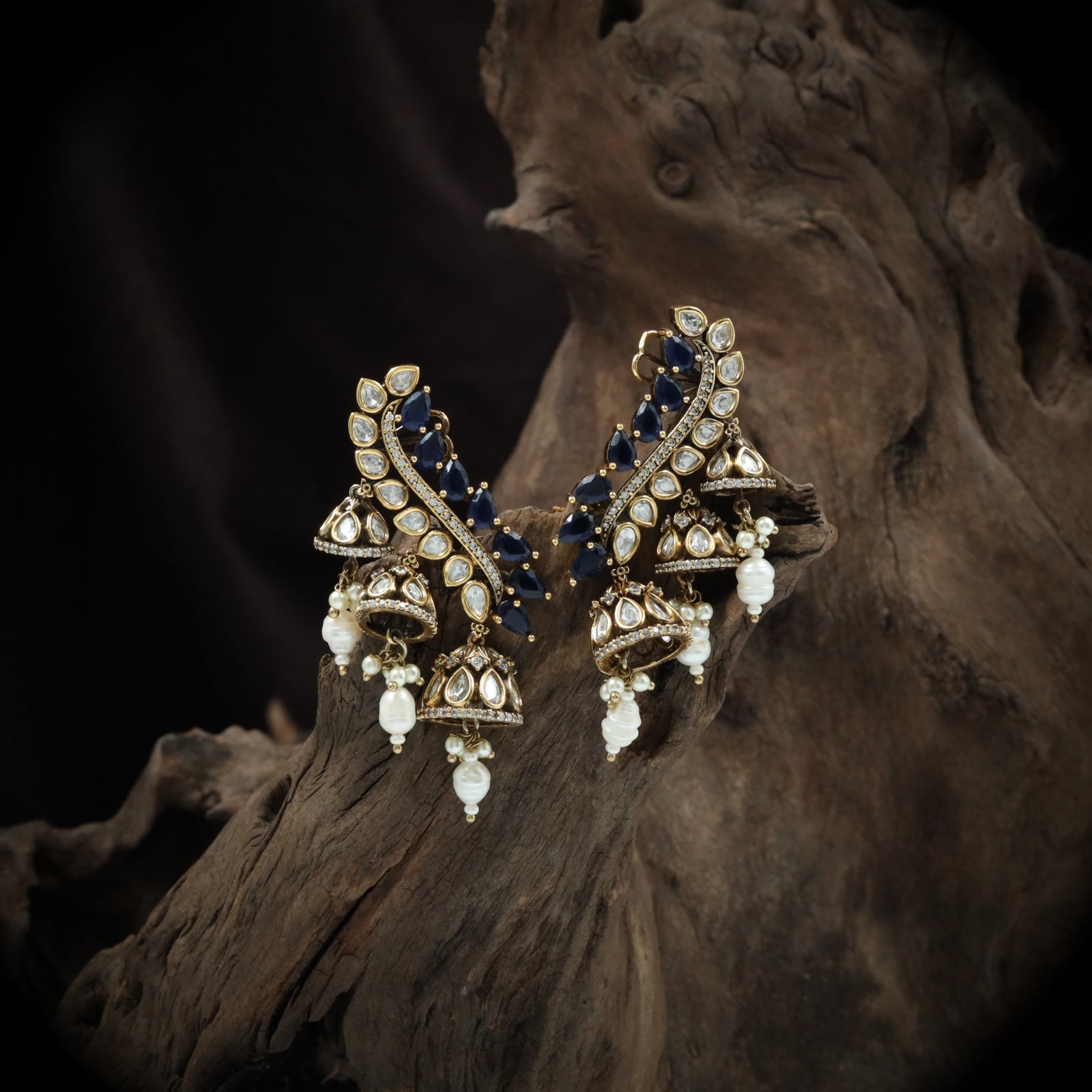 leaf cascade jumka with polki panels and pearl tassels