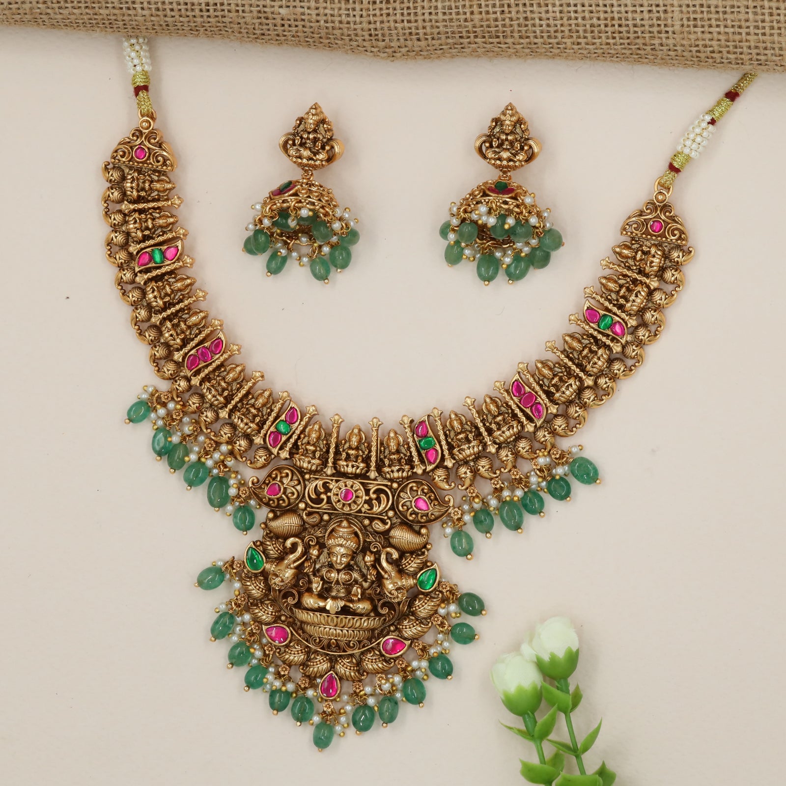 Lakshmi Seated in Lotus Bowl Necklace with Twin Elephant Guardians