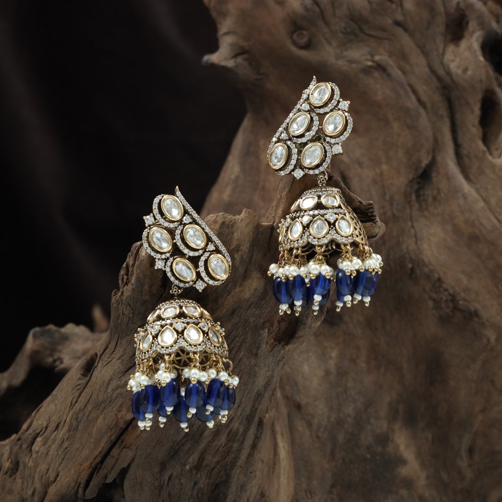 Oval stone cluster jumka with lattice dome and bead tassels