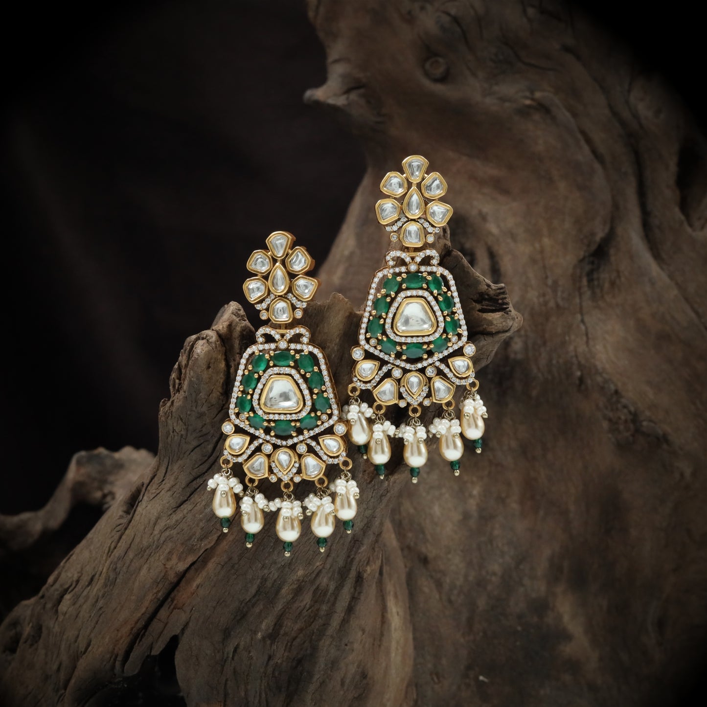 Geometric medallion kundan hanging with halo surround and tassel drops