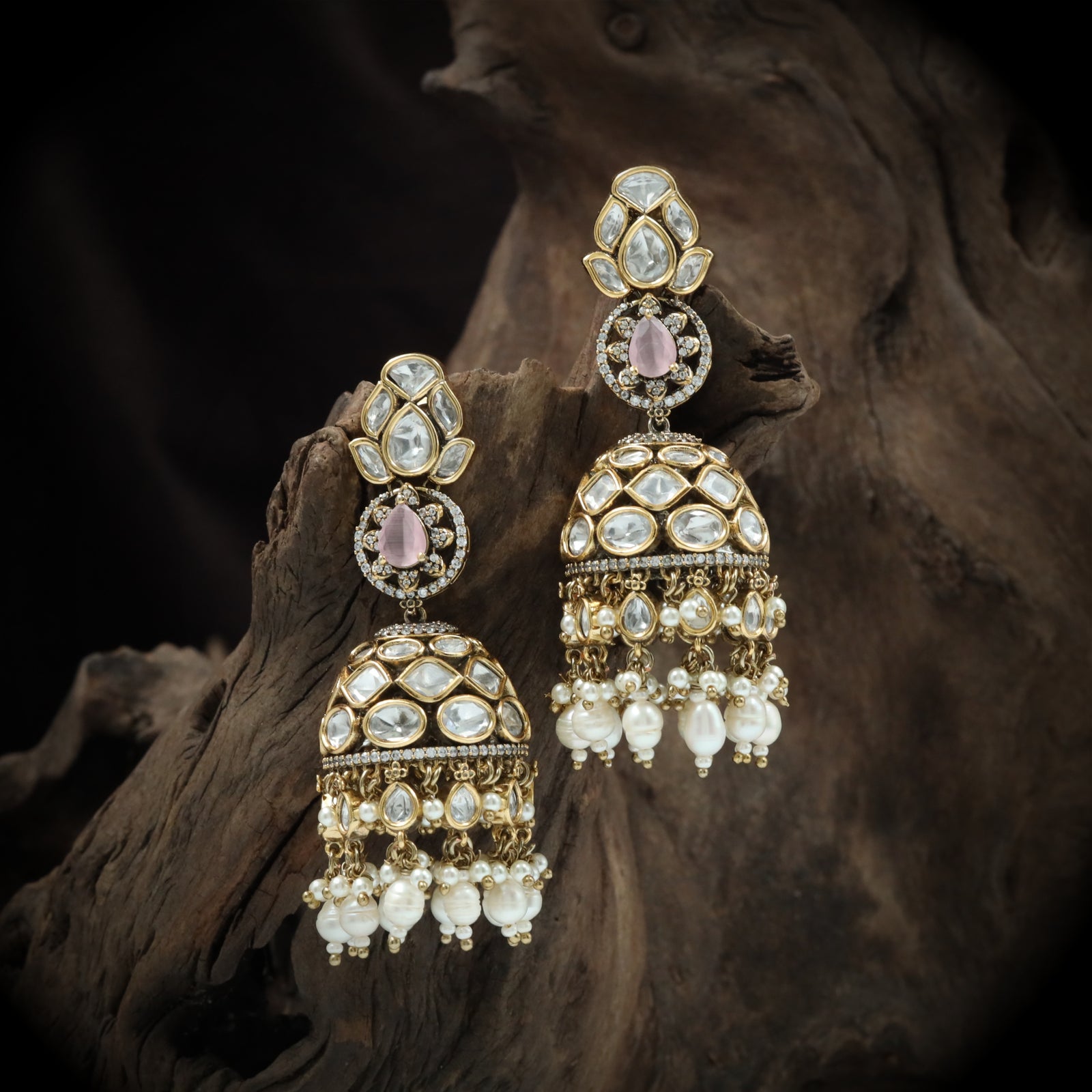 Heritage carved victorian jumka with faceted teardrop layout and chandelier pearls