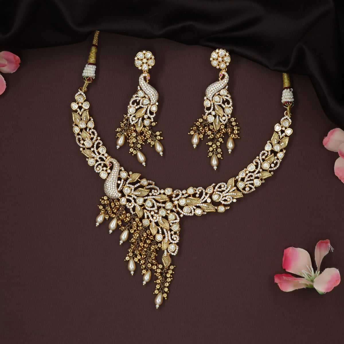 Majestic peacock curve kundan necklace with tassel waterfall
