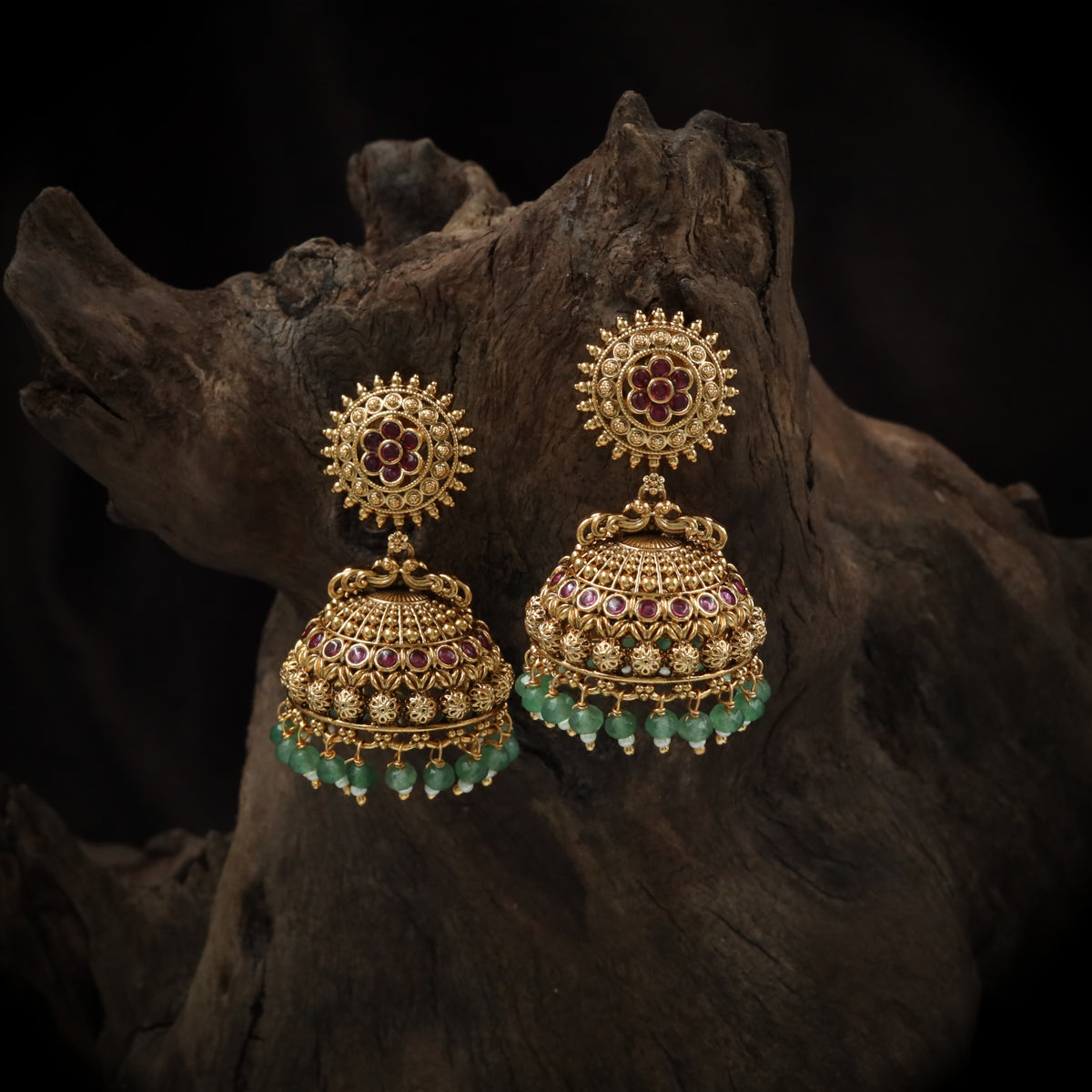 Sunburst Floral Studded Jumka with Dome Lattice Detailing