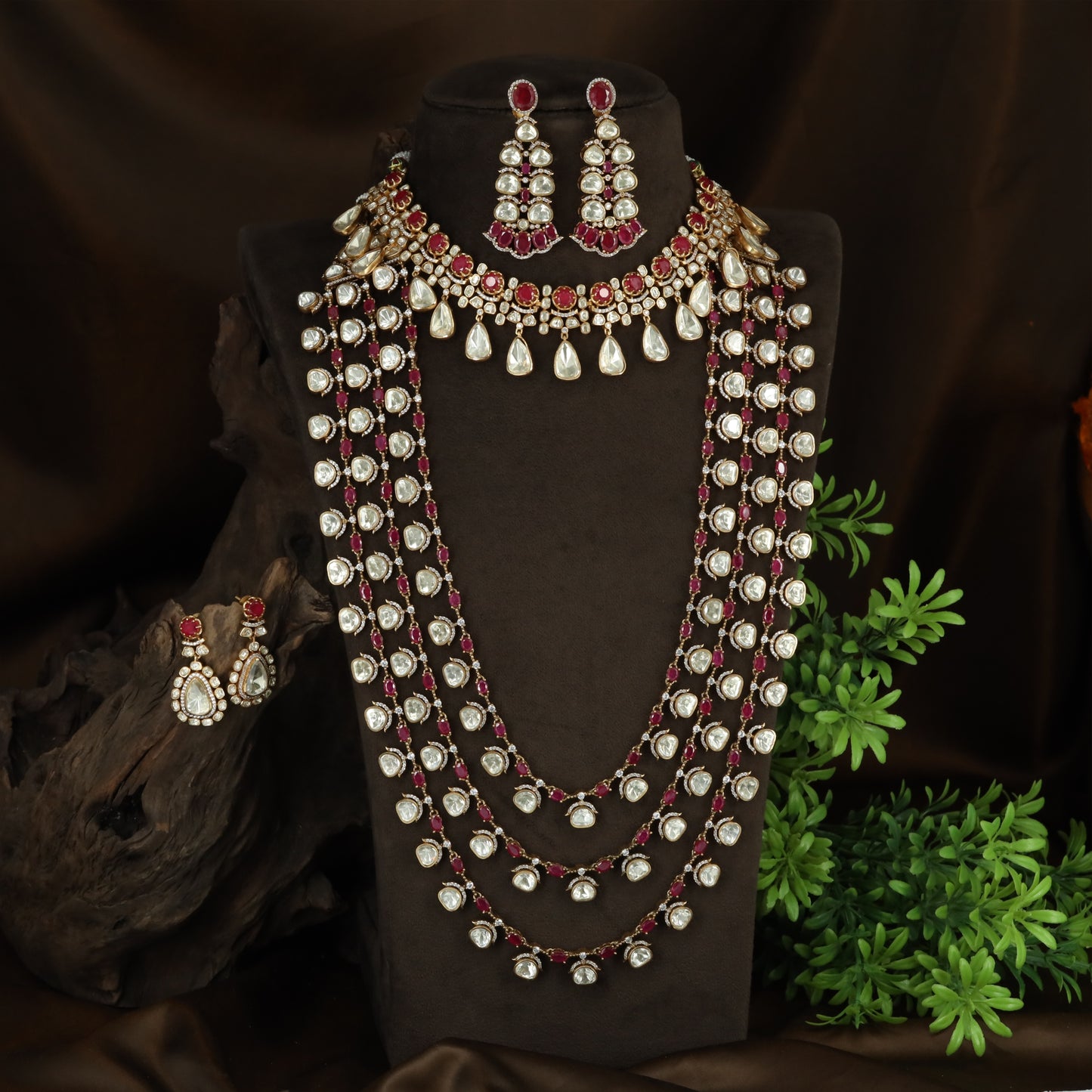 Grand Teardrop Polki and Ruby Necklace with Multi-Layer Long Haara Combo Set