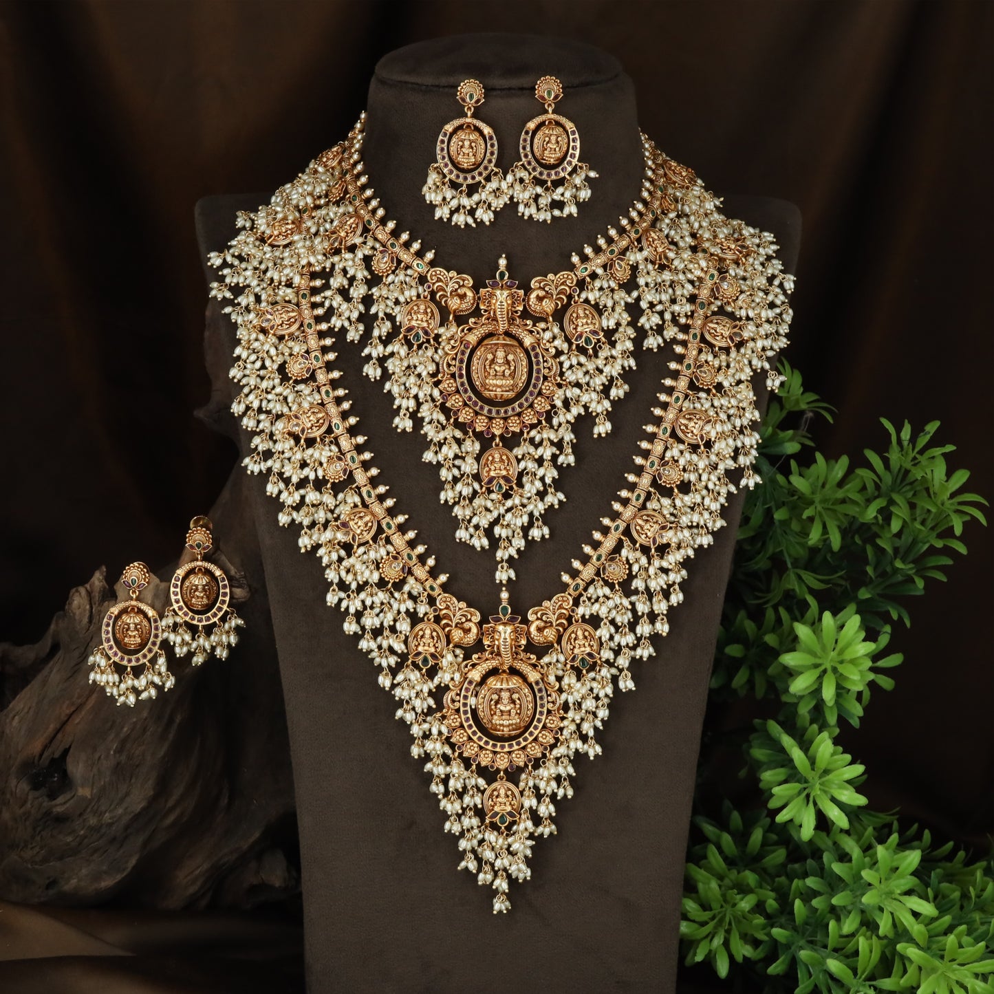 Temple Lakshmi Pendant With Elephant Crown And Pearl Fringe Ensemble
