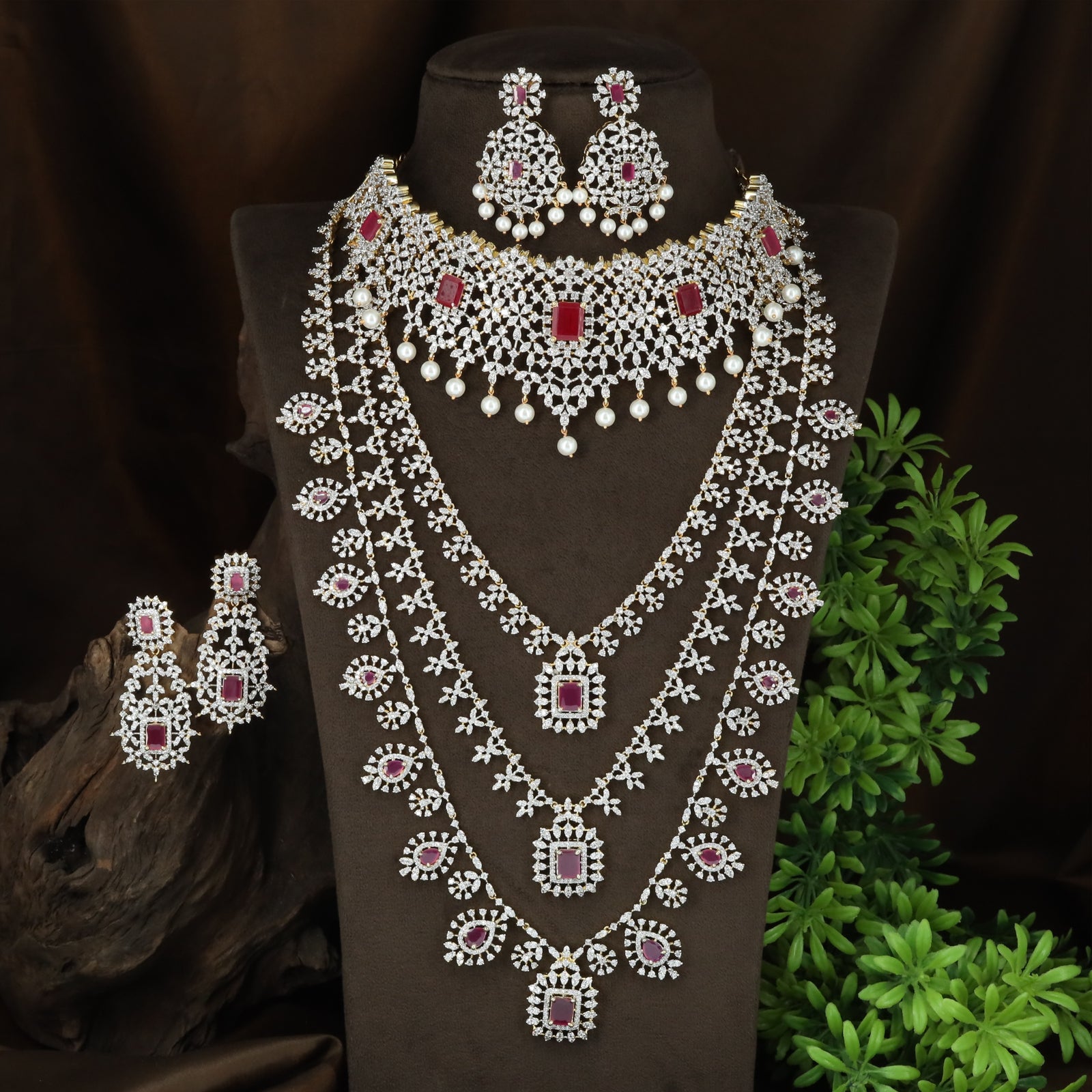 Luxurious Bridal Floral Garland GJ Combo Set with Emerald Statement Pendants
