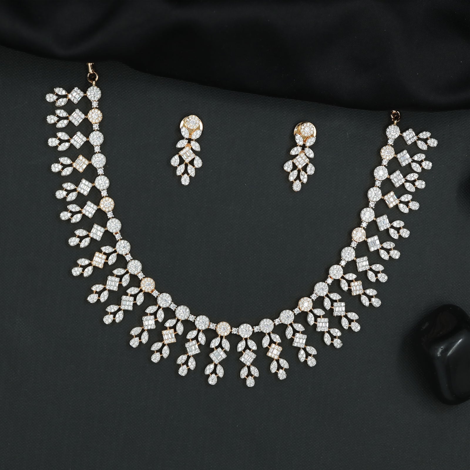 Decorative Floral Link Necklace Set with Cascading Drop Clusters