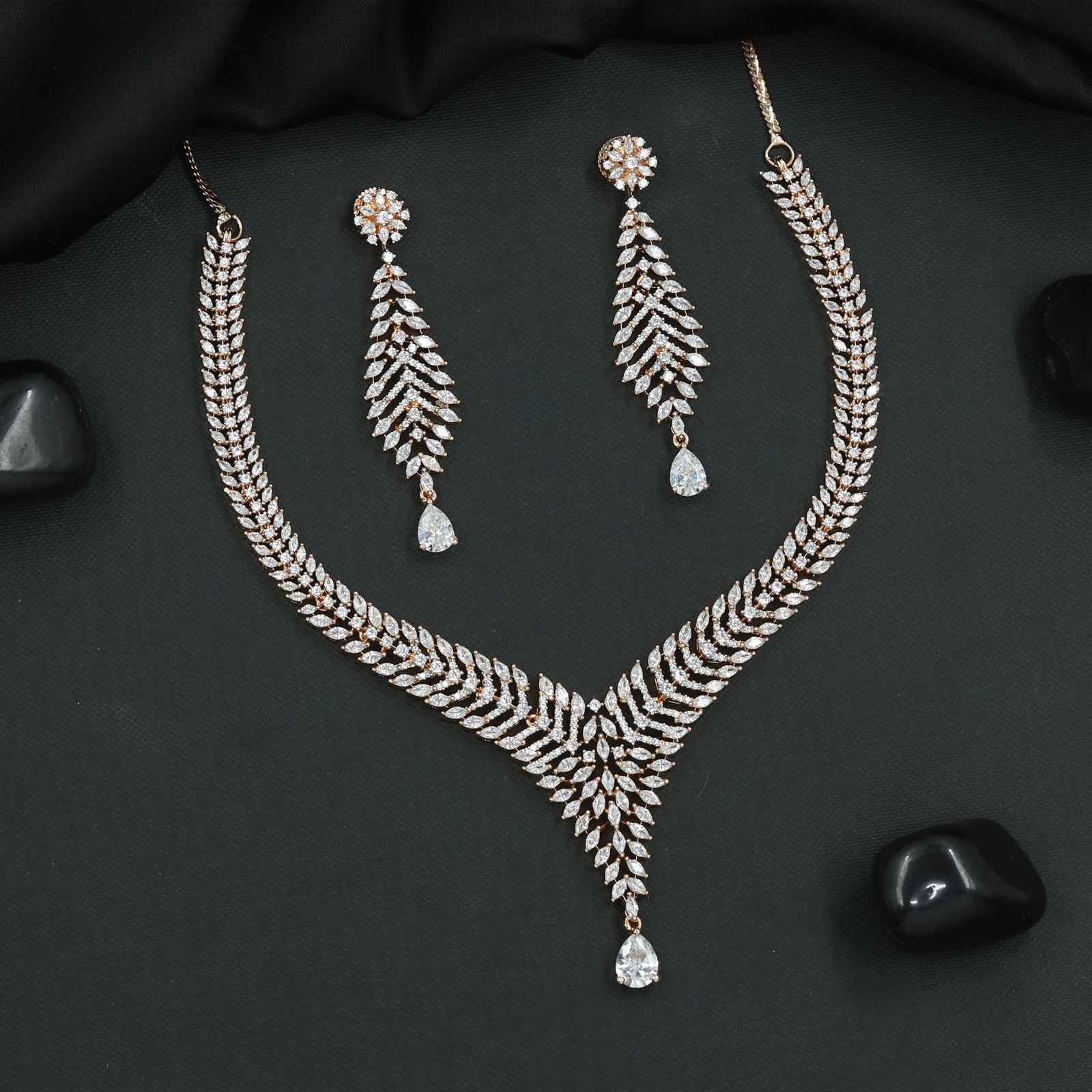 Feathered Marquise Vine Necklace with Cascading Teardrop Pendant